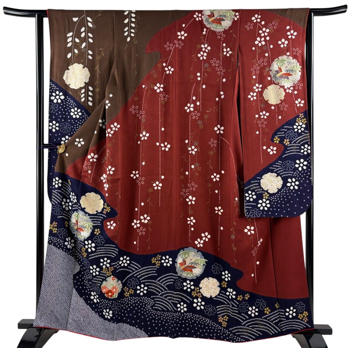 【美品】 振袖 身丈162cm 裄丈62.5cm S 袷 鶴 雪輪 刺繍 絞り 赤茶 正絹 名品 【中古】
