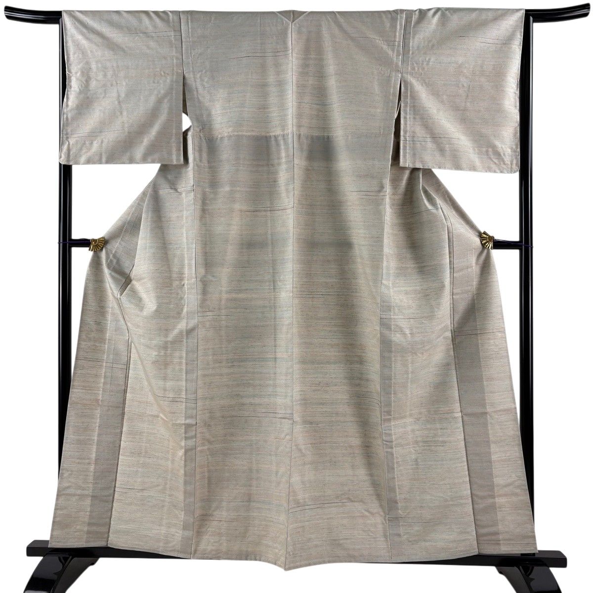 【美品】 紬 身丈159.5cm 裄丈65cm M 単衣 縞 灰色 正絹 名品 【中古】