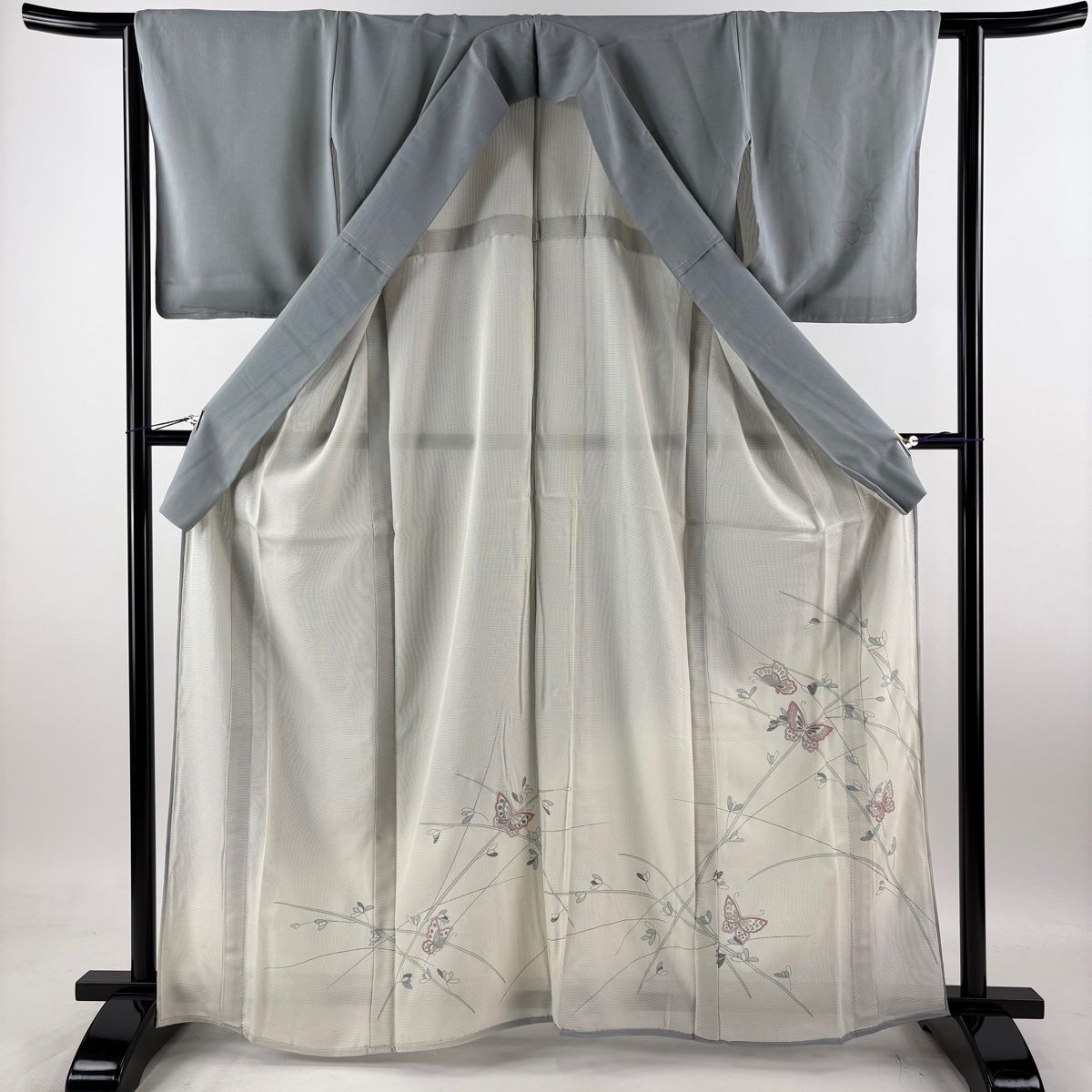 付下げ 身丈165cm 裄丈62.5cm S 紗絽袷 蝶 草花 銀彩 青灰色 正絹 名品