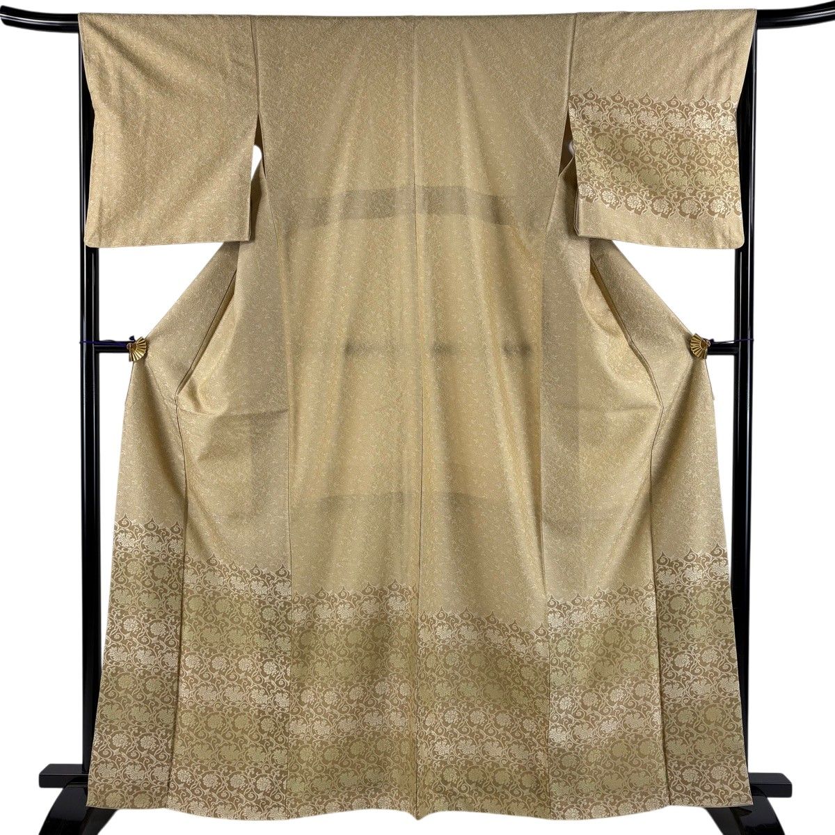 【美品】 付下げ 身丈164cm 裄丈65.5cm M 袷 花唐草 地紋 ベージュ 正絹 秀品 【中古】