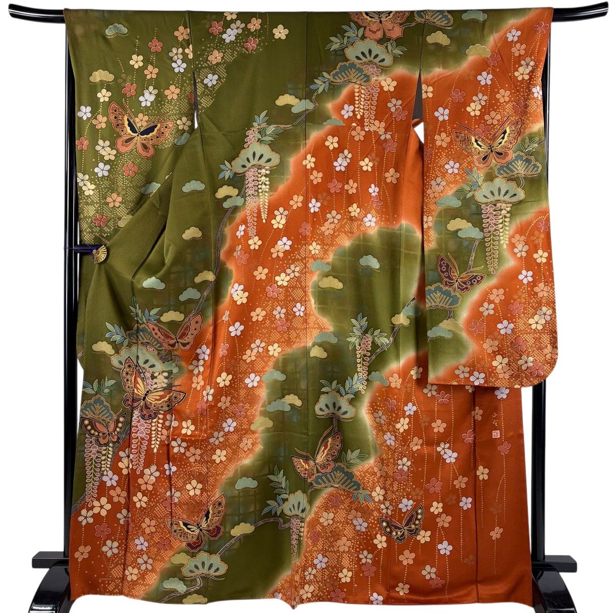 振袖 身丈168.5cm 裄丈66.5cm M 袷 落款 蝶 松梅 金糸 金彩 茶緑色
