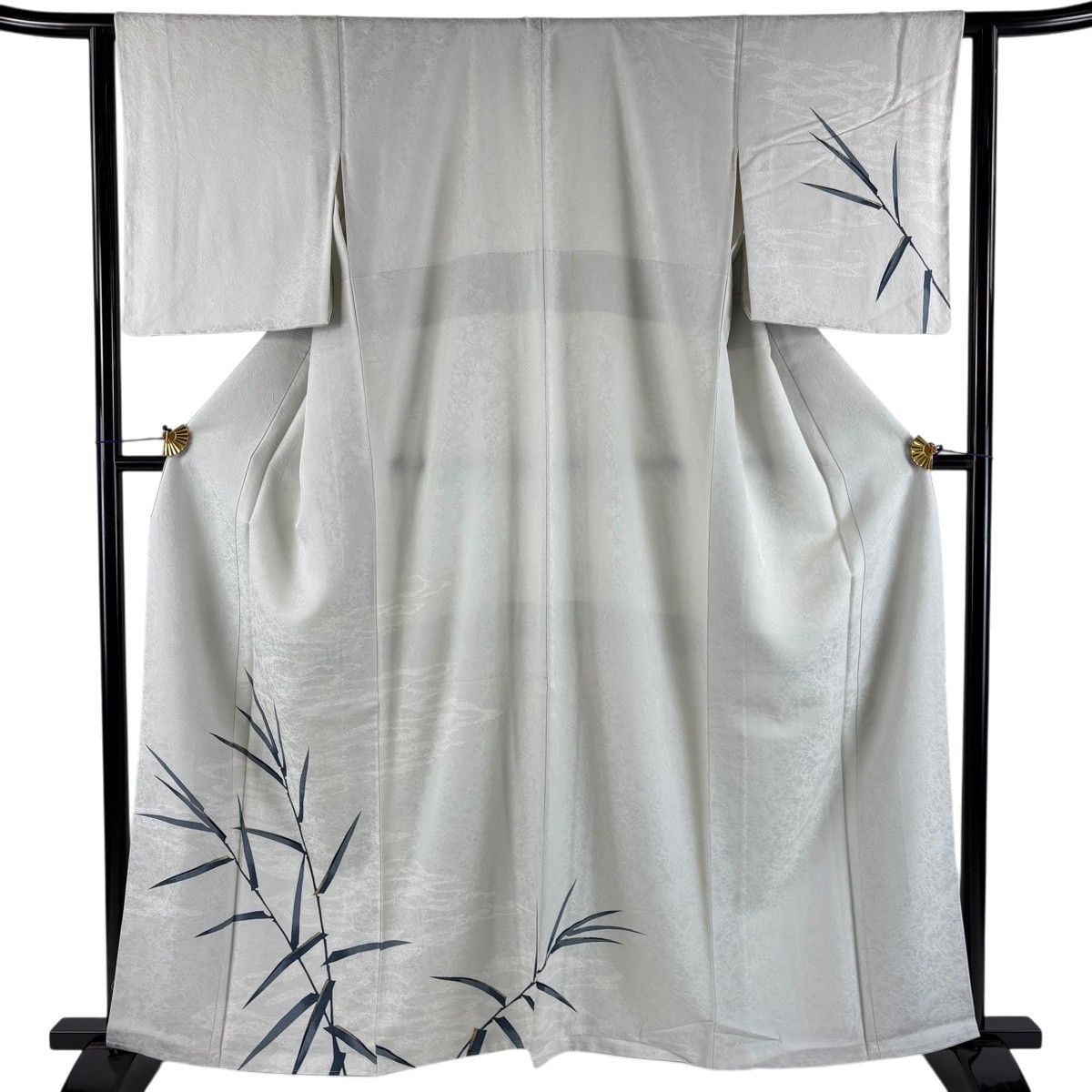 【美品】 訪問着 身丈161cm 裄丈63cm S 袷 鈴乃屋 葉柄 波 金銀彩 灰緑 正絹 秀品 【中古】