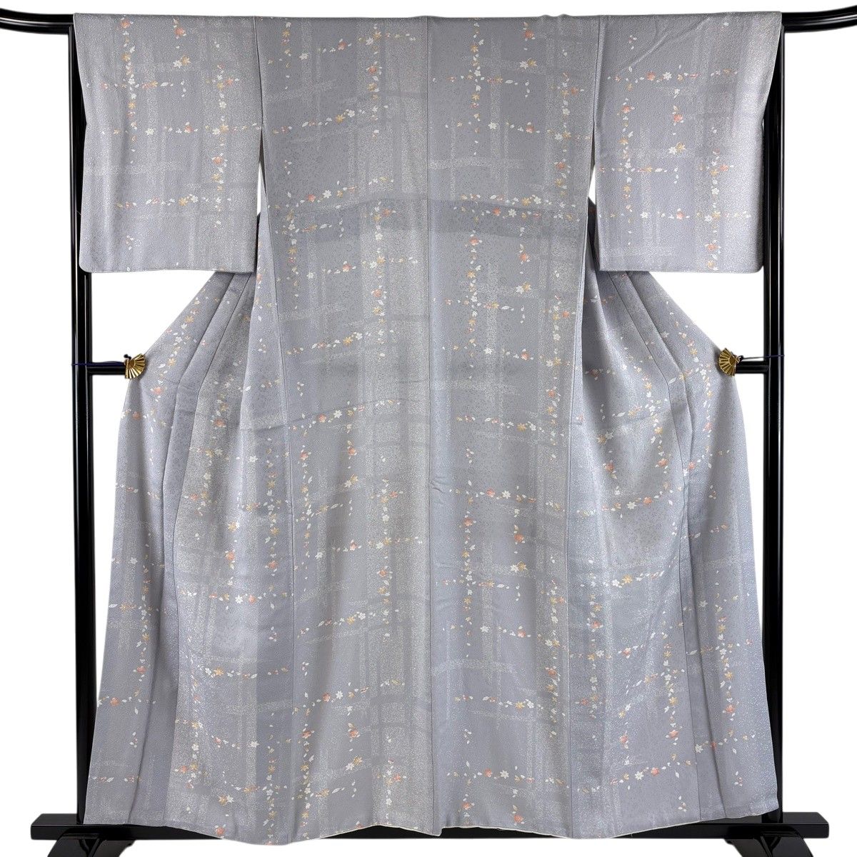 【美品】 小紋 身丈156cm 裄丈66cm M 袷 吹き寄せ 地紋 灰紫 正絹 秀品 【中古】