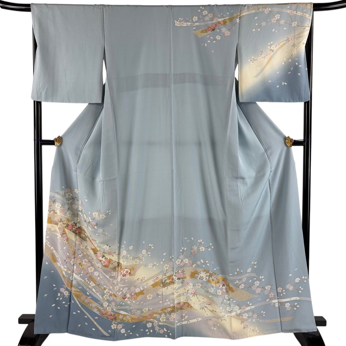 訪問着 身丈164cm 裄丈68cm L 袷 熨斗 桜 金彩 ぼかし 水色 正絹 秀品 【中古】