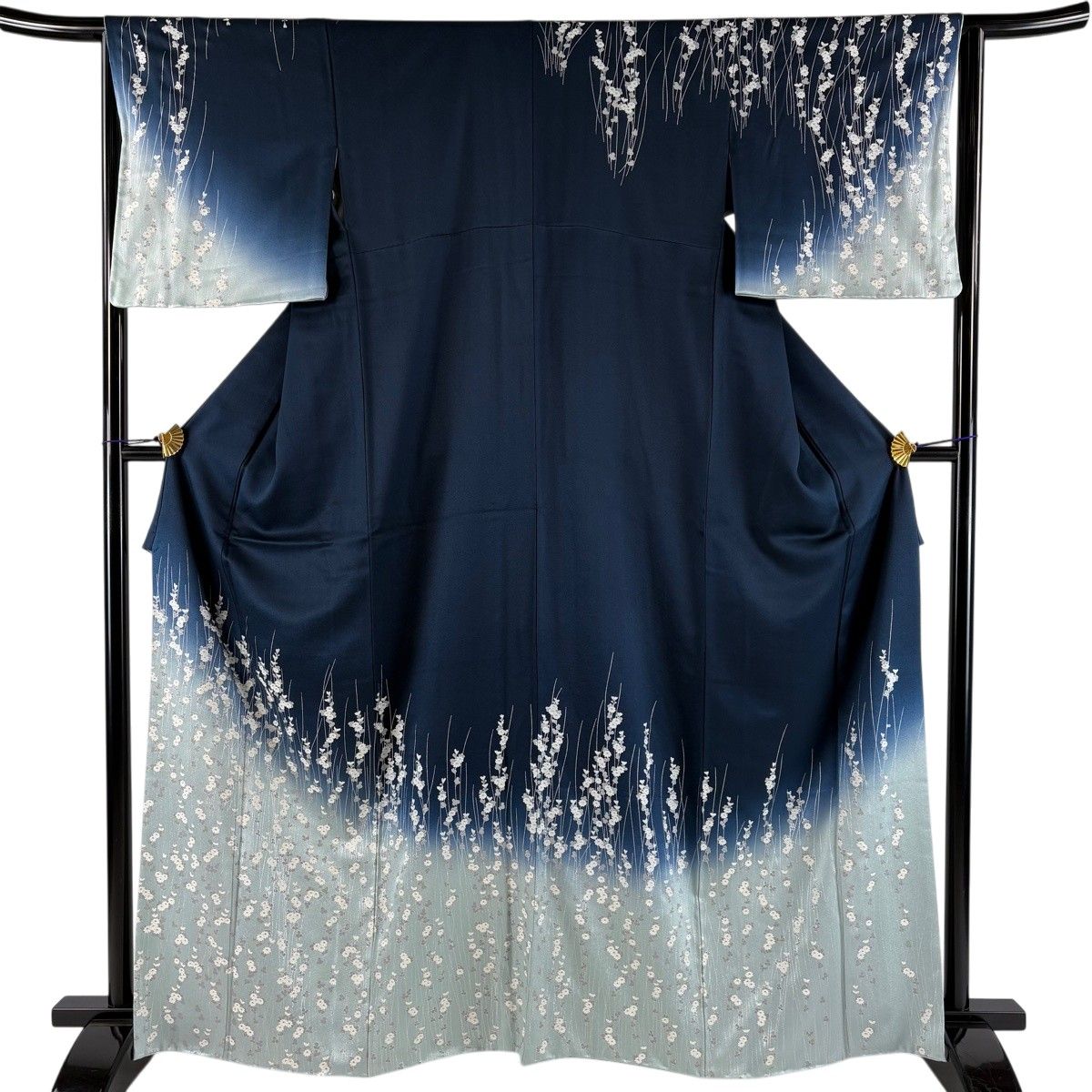 訪問着 身丈165cm 裄丈64cm M 袷 菊 銀彩 箔 紺色 正絹 秀品 【中古】