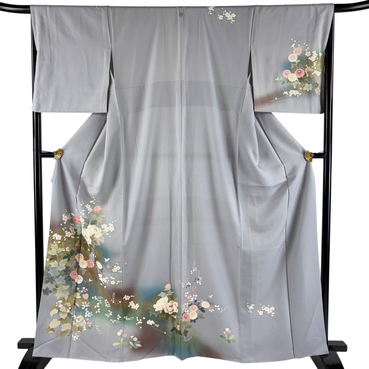 訪問着 身丈164.5cm 裄丈66.5cm M 袷 牡丹 菊 金彩 灰色 正絹 秀品 一