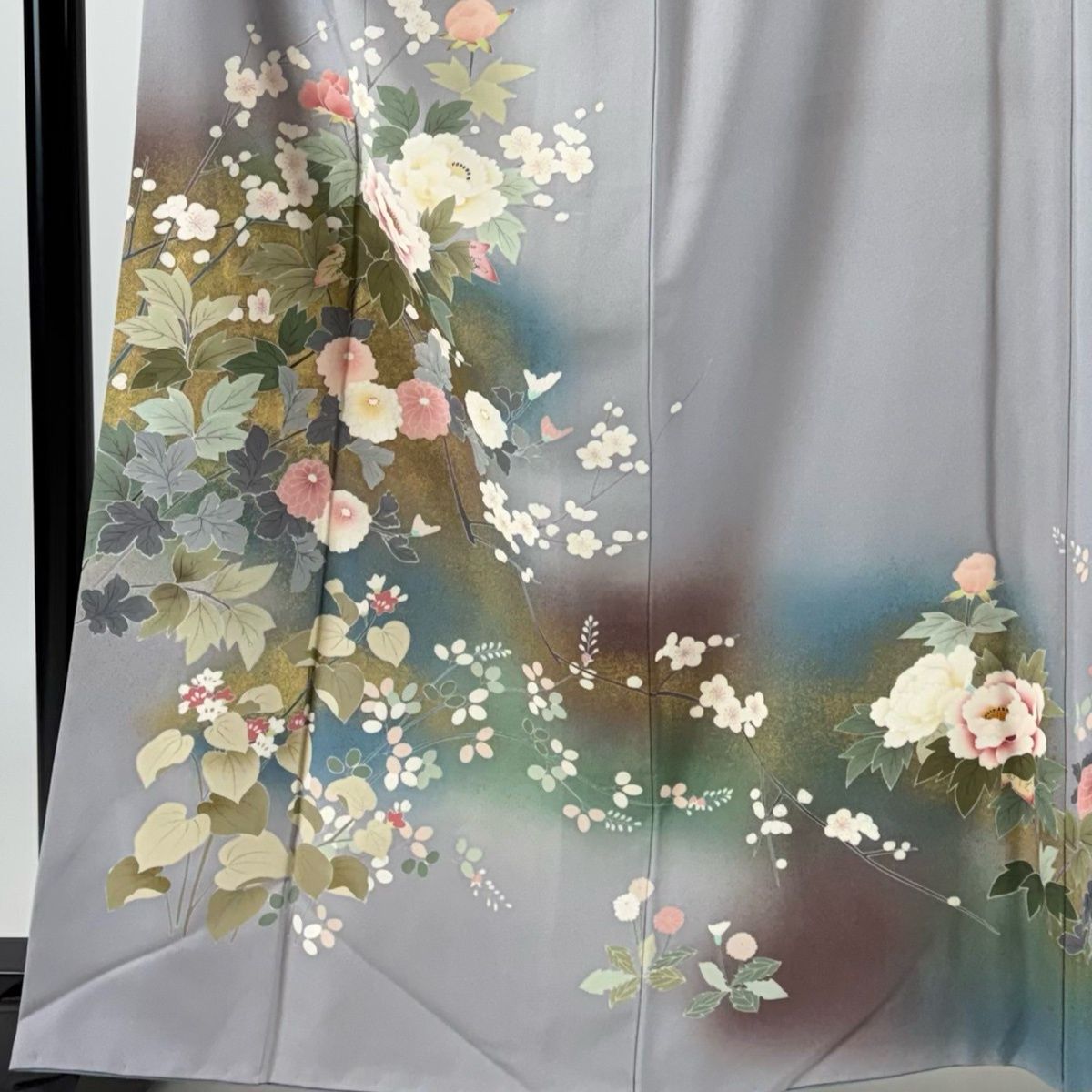 訪問着 身丈164.5cm 裄丈66.5cm M 袷 牡丹 菊 金彩 灰色 正絹 秀品 一