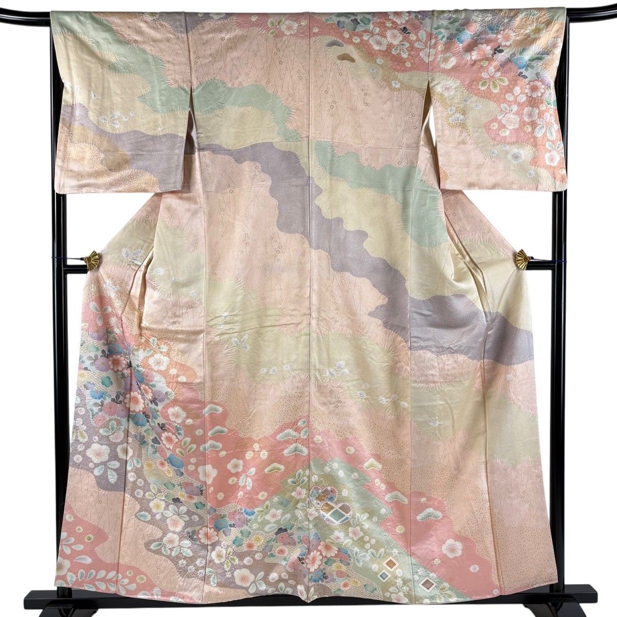 訪問着 身丈157.5cm 裄丈66cm M 袷 菊 霞 金彩 銀通し ピンク 正絹 秀品 【中古】