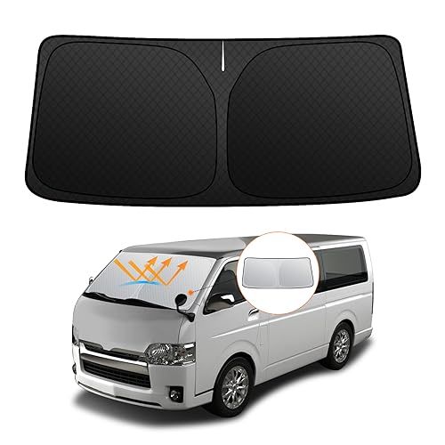 【強化版】トヨタ ハイエース 200系 ワイドボディ専用 フロントガラスサンシェード H16.8-現行 UVカット 吸盤不要 6層構造 遮光断熱 夏 紫外線 UVカット 簡単着脱 内装パーツ 車種専用設計 折り畳み式 収納袋付き(沖縄・離島の 5dd1e9e1
