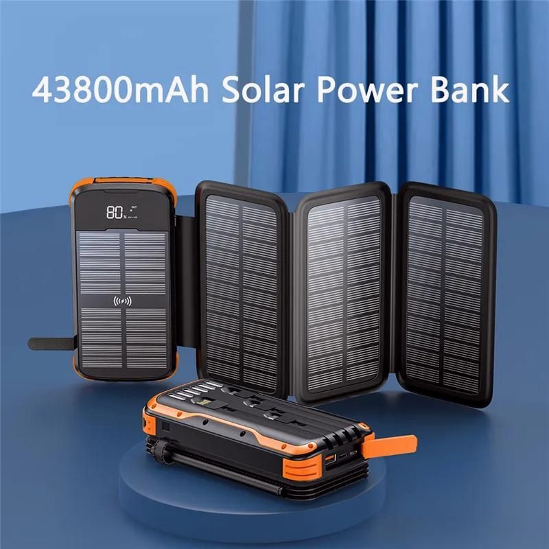 【送料無料】モバイルバッテリー 43800mAh ソーラーパネル 4面 Qiワイヤレス充電 キャンプ モバ充 iphone 大容量 スマホ充電器 防災 急速 PSE認証済 軽量 太陽光 D39