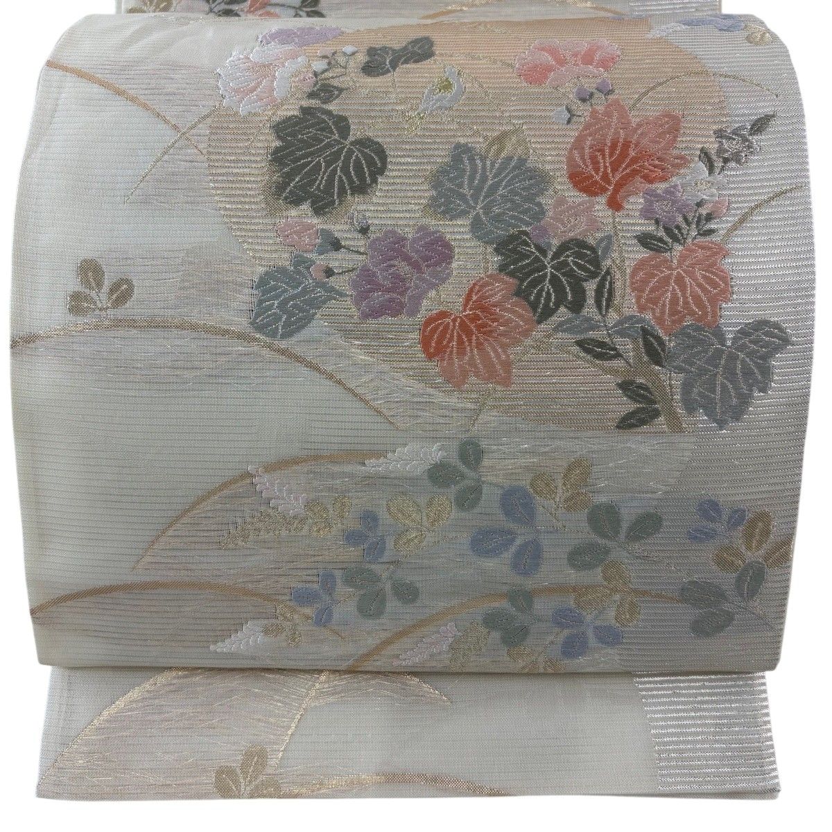 袋帯 名品 夏帯 絽 草花 芝 箔 金糸 薄緑 六通 正絹 【中古】
