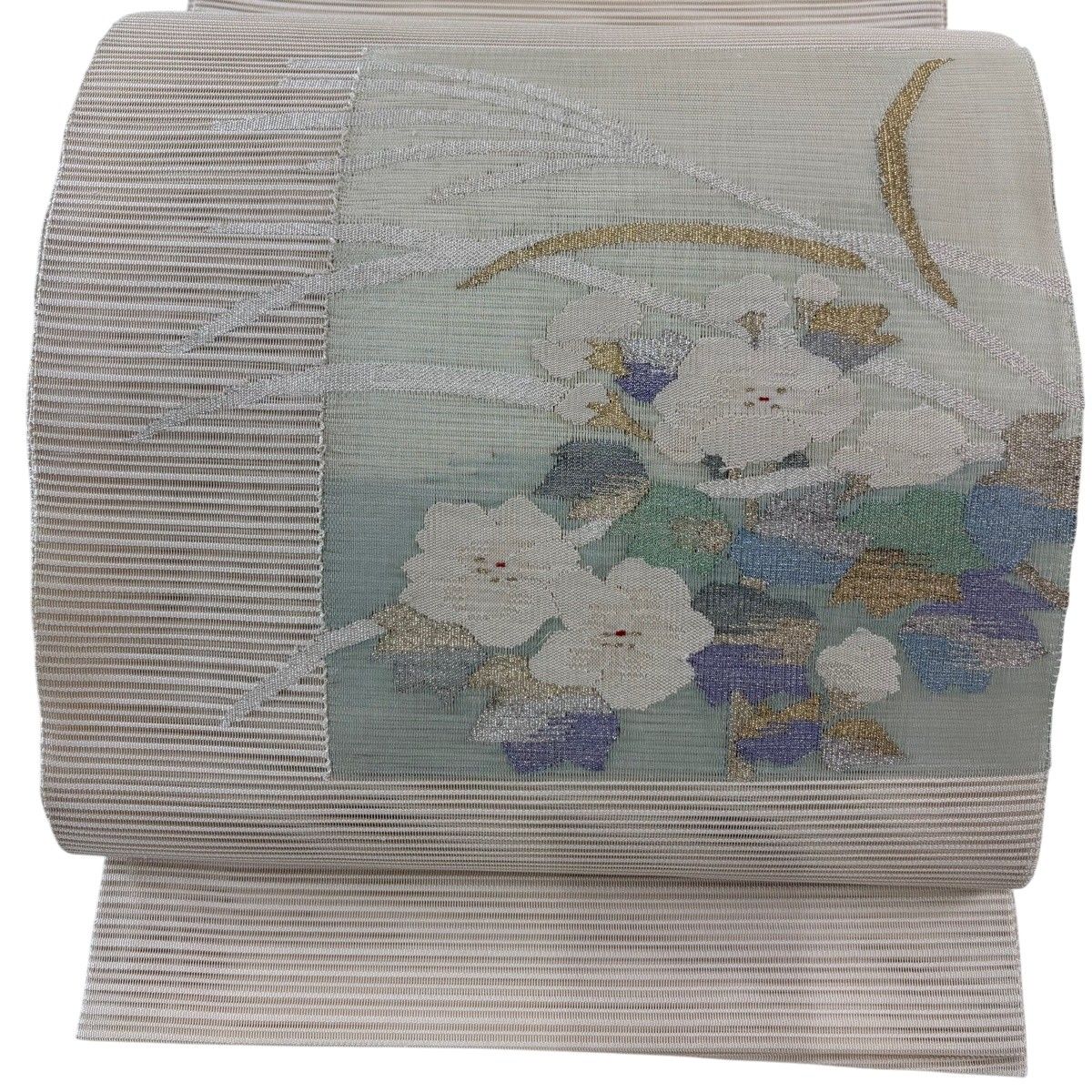 袋帯 名品 夏帯 絽 草花 葉柄 金銀糸 クリーム お太鼓柄 正絹 【中古】