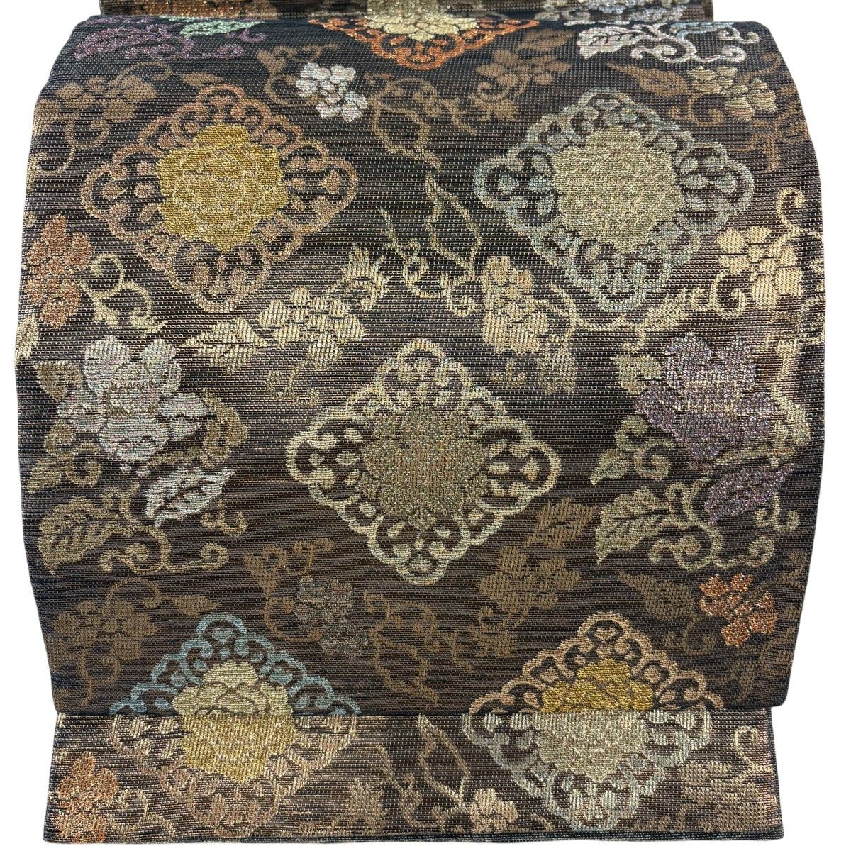 【美品】 袋帯 名品 花菱 草花 金銀糸 箔 金茶 六通 正絹 【中古】