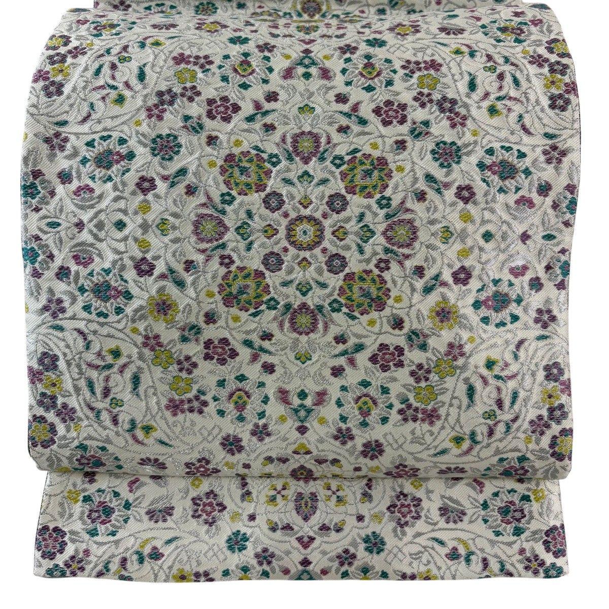 【美品】 袋帯 名品 落款 華文 草花 銀糸 白 六通 正絹 【中古】