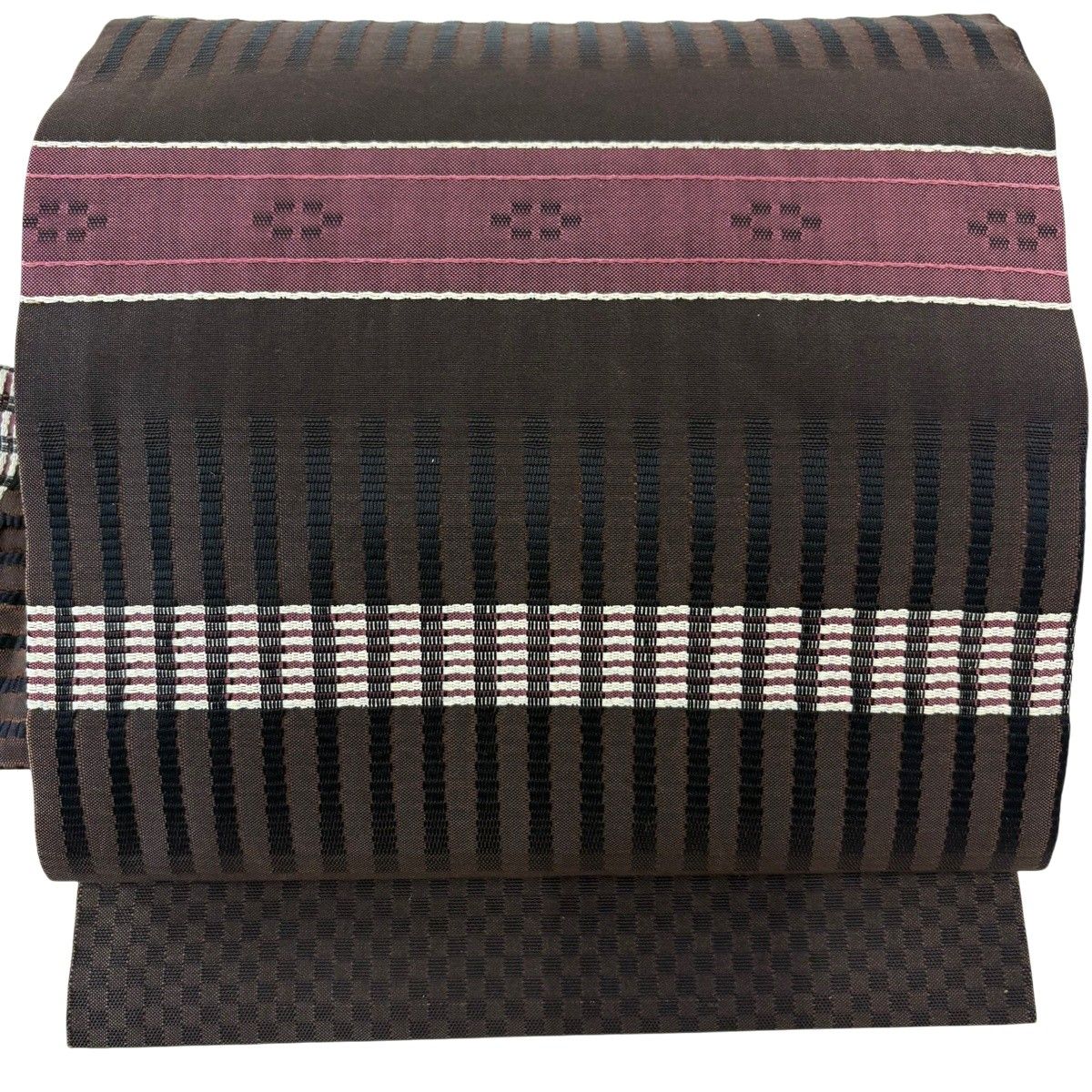 名古屋帯 名品 縞 幾何学 焦茶色 正絹 【中古】