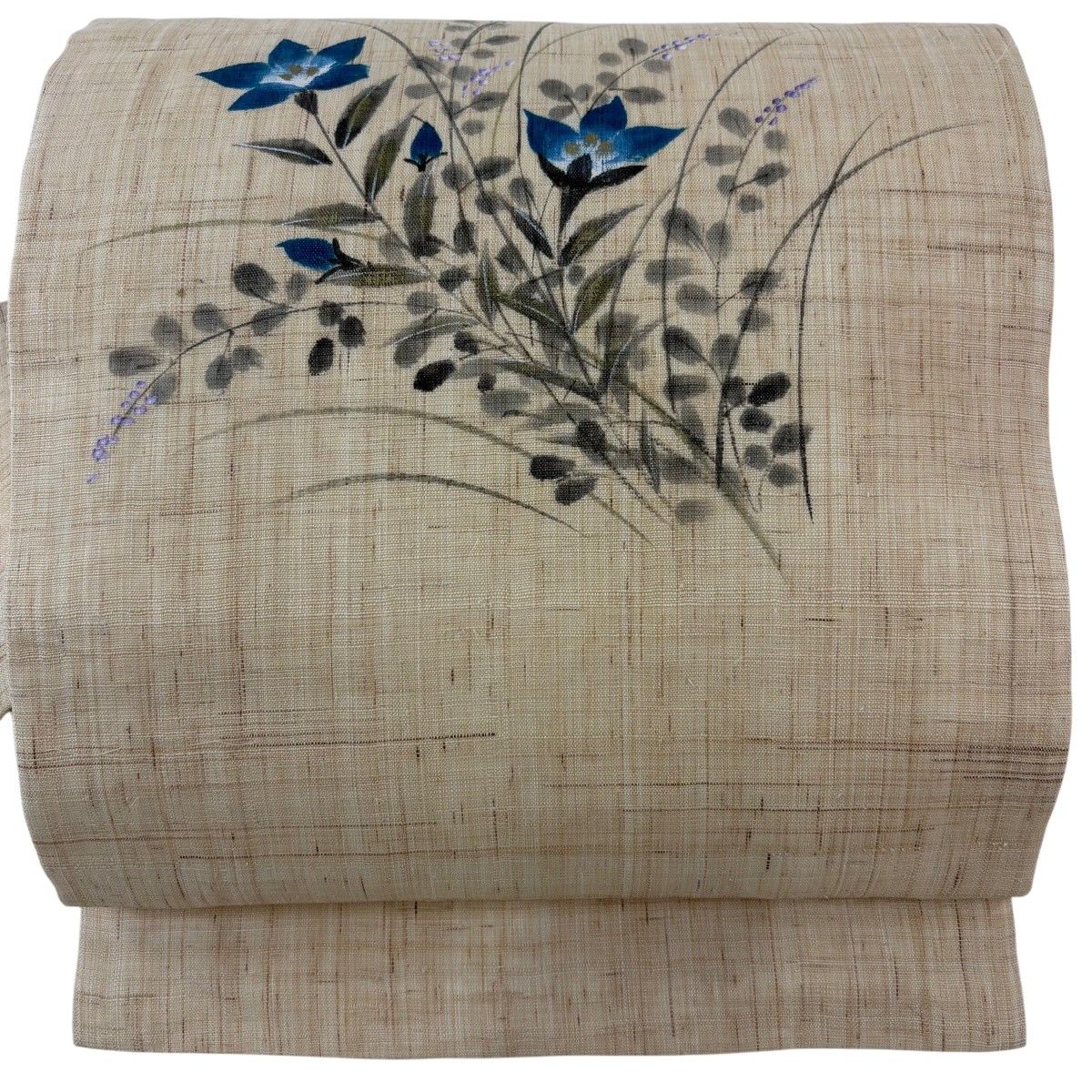 美品】名古屋帯 名品 落款 夏帯 草花 金彩 ベージュ 麻 【中古