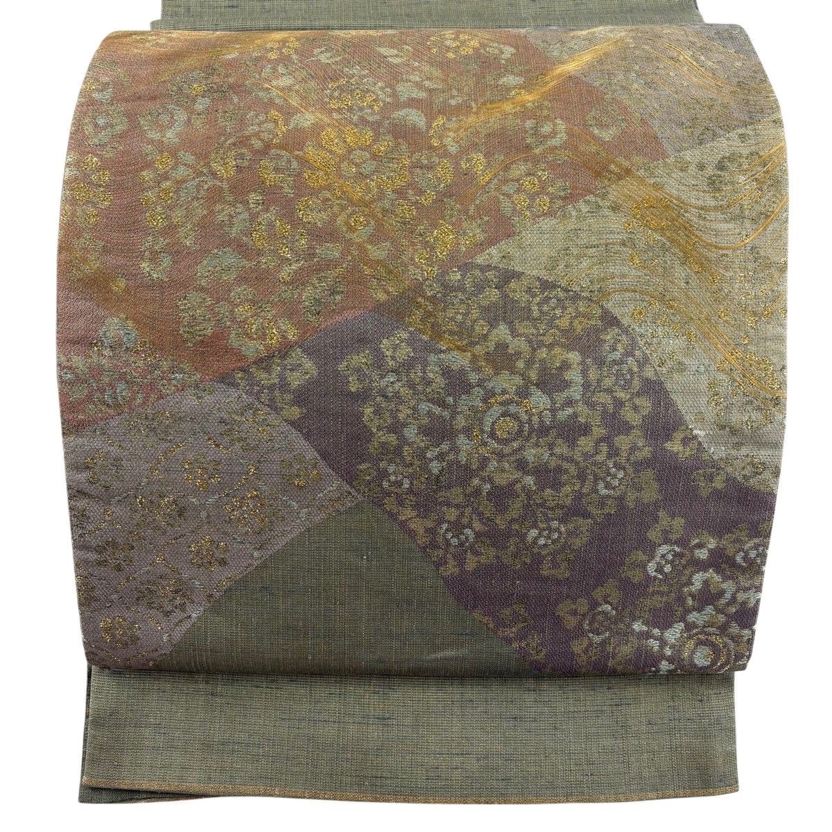 袋帯 名品 関西仕立て 草花 波 金糸 箔 よもぎ色 お太鼓柄 正絹 【中古】