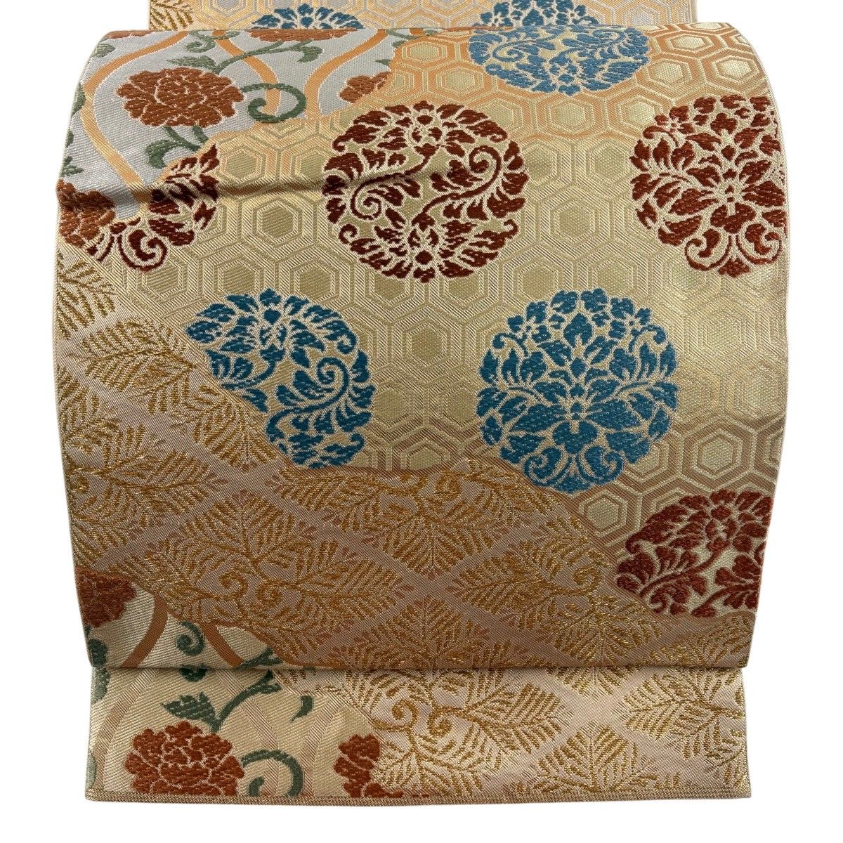 袋帯 名品 川島織物 落款 花唐草 亀甲文 金糸 箔 ベージュ 六通 正絹 【中古】
