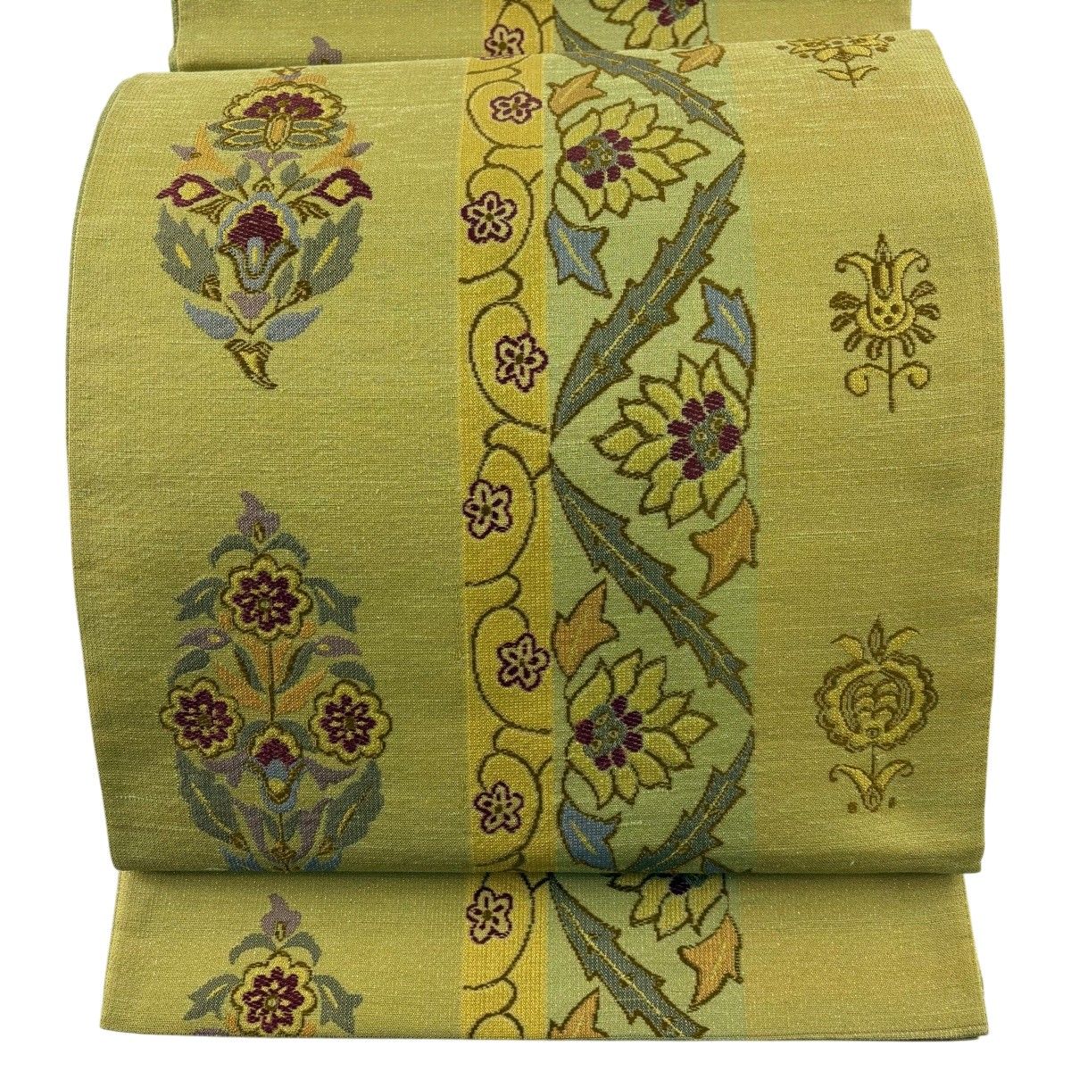 【美品】 袋帯 名品 関西仕立て 草花 箔 抹茶色 六通 正絹 【中古】