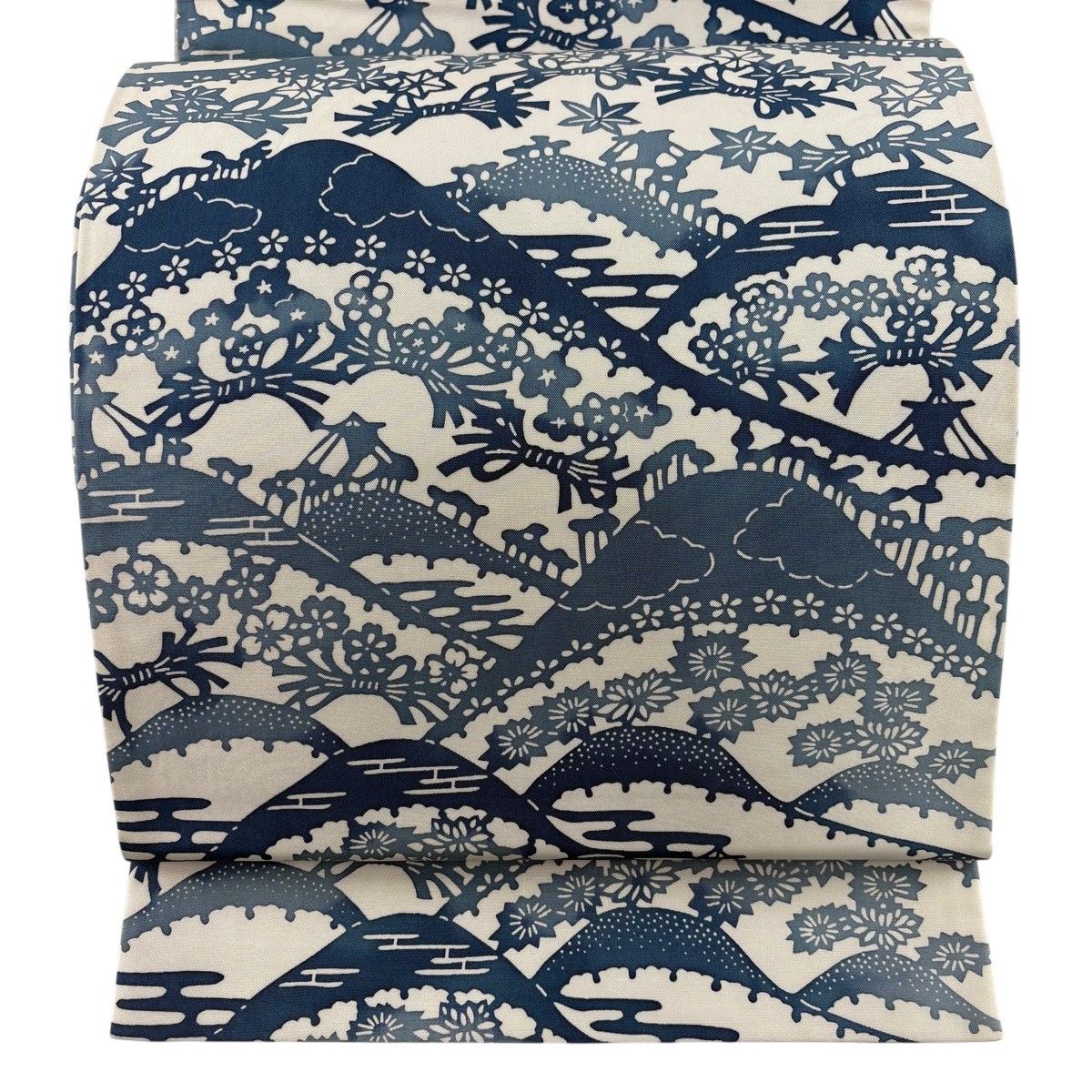 袋帯 名品 山並み 束ね熨斗 白 全通 正絹 【中古】