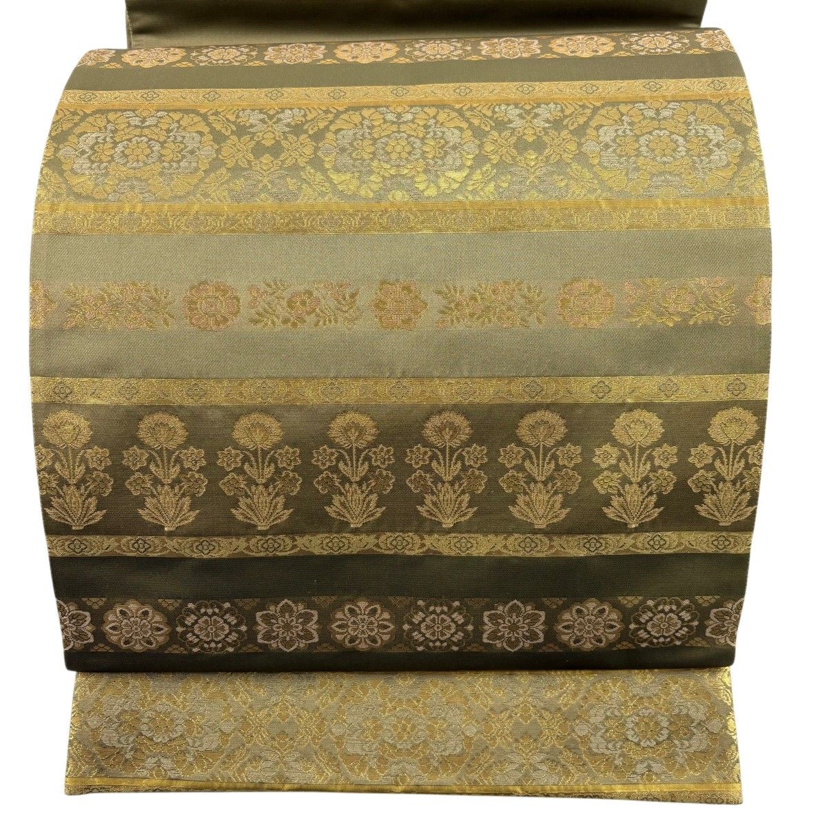 【美品】 袋帯 名品 箔屋清兵衛 落款 草木染 段縞 華文 本金箔 茶緑色 お太鼓柄 正絹 【中古】