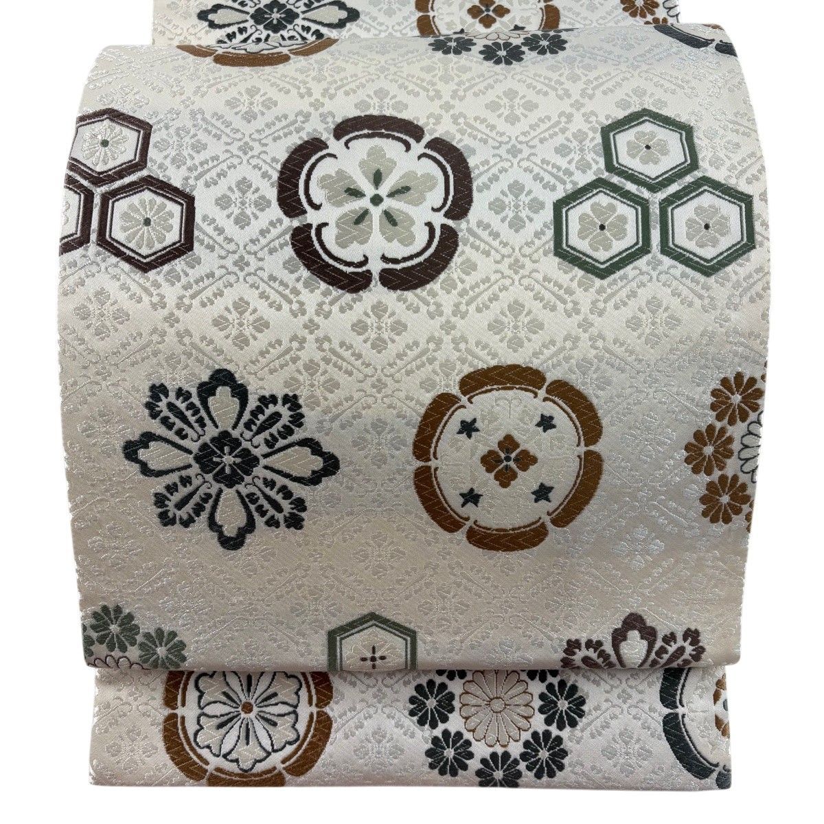 袋帯 名品 西陣工芸織 彩華唐織 華文 花菱 唐織 クリーム 六通 正絹 【中古】