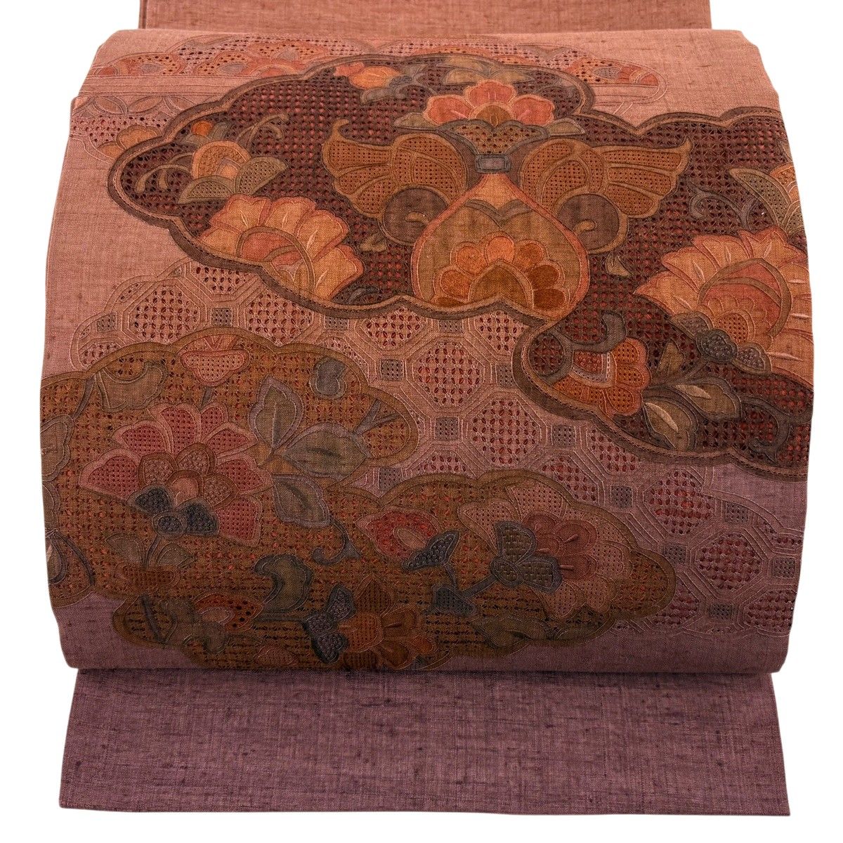 【美品】 袋帯 秀品 雲文 草花 汕頭刺繍 赤茶 お太鼓柄 正絹 【中古】