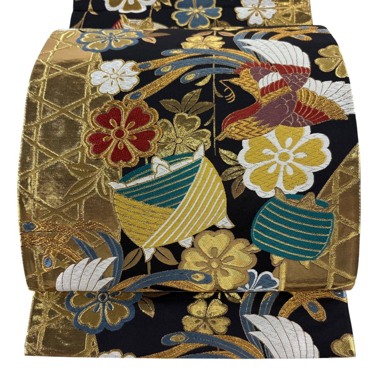 【美品】 袋帯 秀品 福仙 振袖向き 桜 糸巻き 金糸 箔 黒 六通 正絹 【中古】