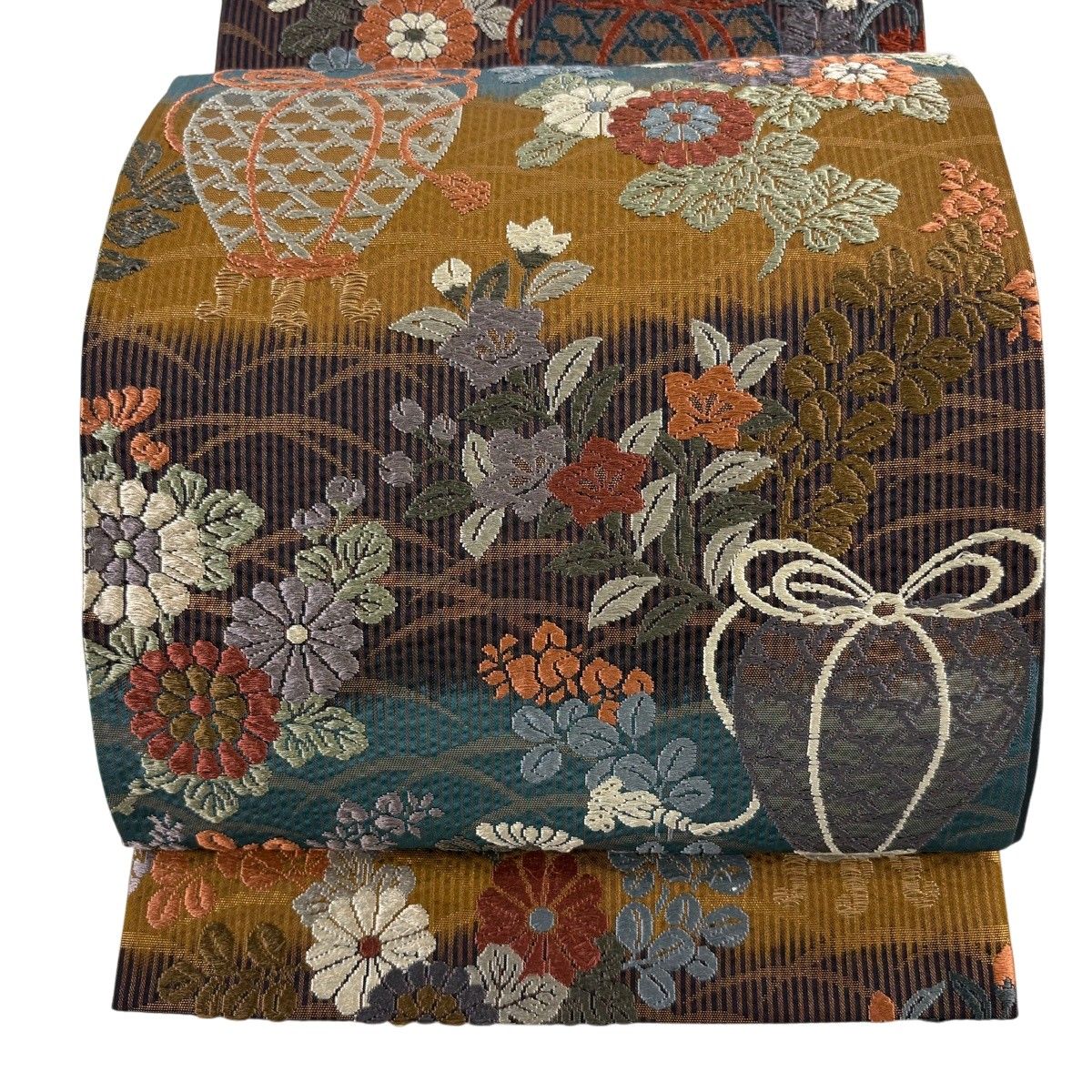 【美品】 袋帯 秀品 茶壺 秋草 箔 刺繍 山吹茶色 六通 正絹 【中古】