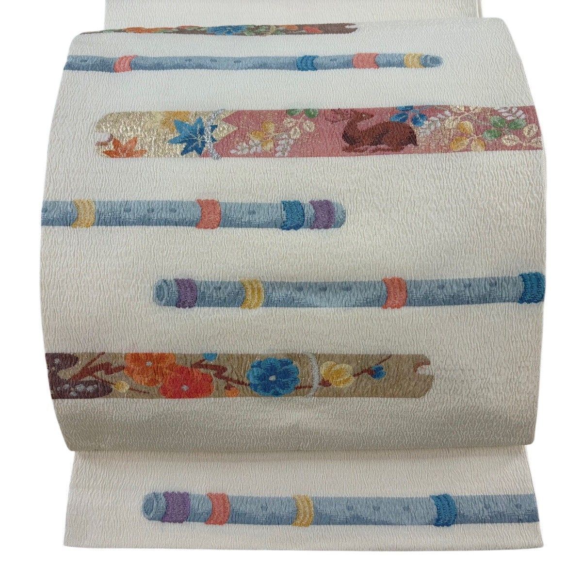 【美品】 袋帯 秀品 笛 草花 金銀糸 箔 クリーム お太鼓柄 正絹 【中古】