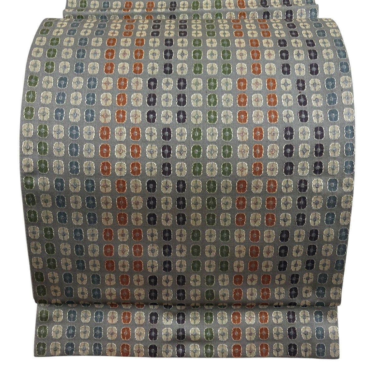 【美品】 袋帯 秀品 幾何学 灰緑 全通 正絹 【中古】