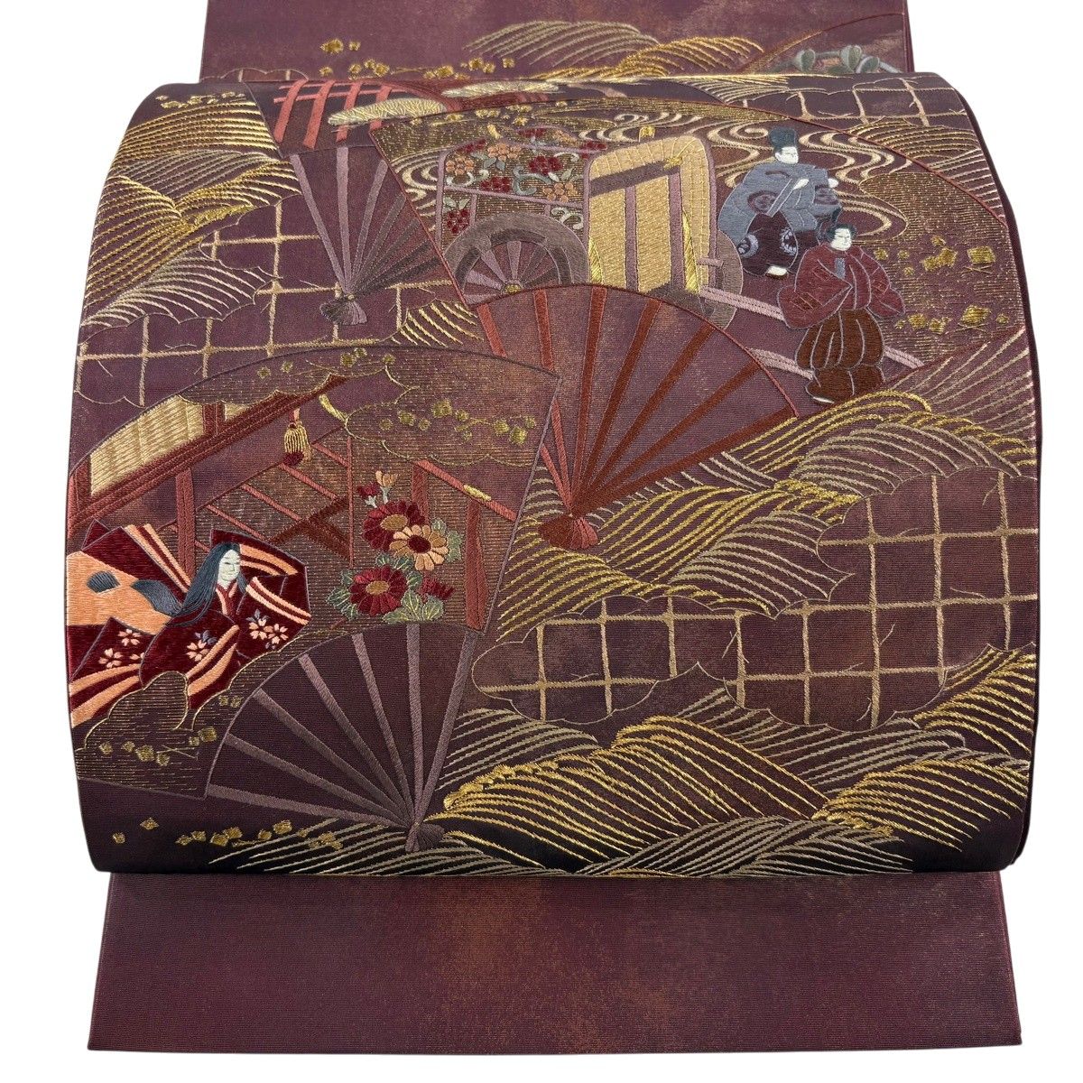 袋帯 秀品 扇 人物 刺繍 金糸 えんじ色 お太鼓柄 正絹 【中古】