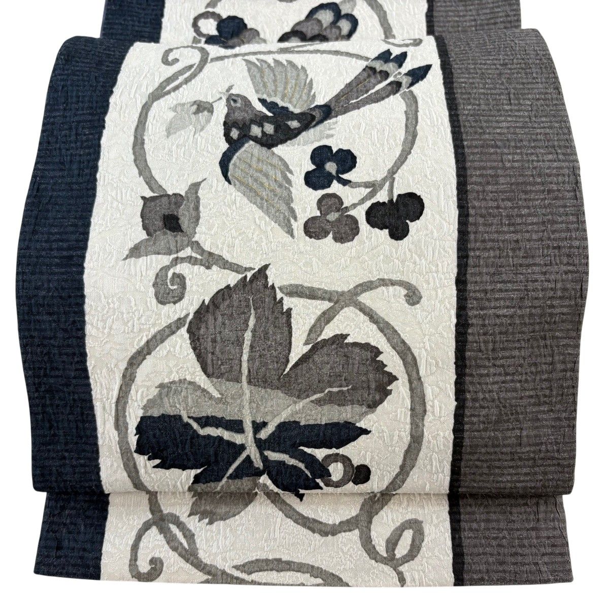 【美品】 袋帯 秀品 葉と実 花喰い鳥 金彩 灰茶 全通 正絹 【中古】