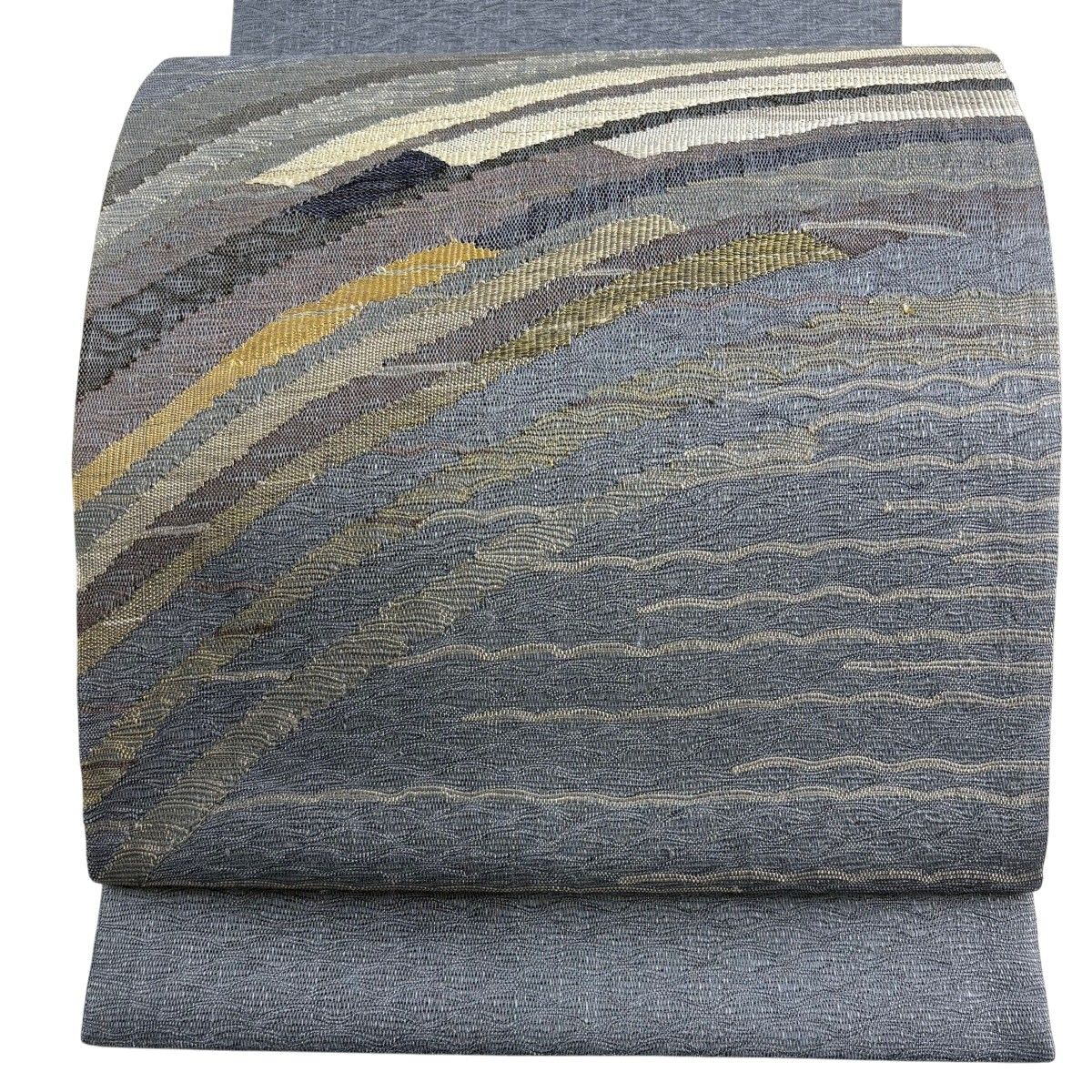 【美品】 袋帯 秀品 霞 幾何学模様 銀糸 青灰色 お太鼓柄 正絹 【中古】