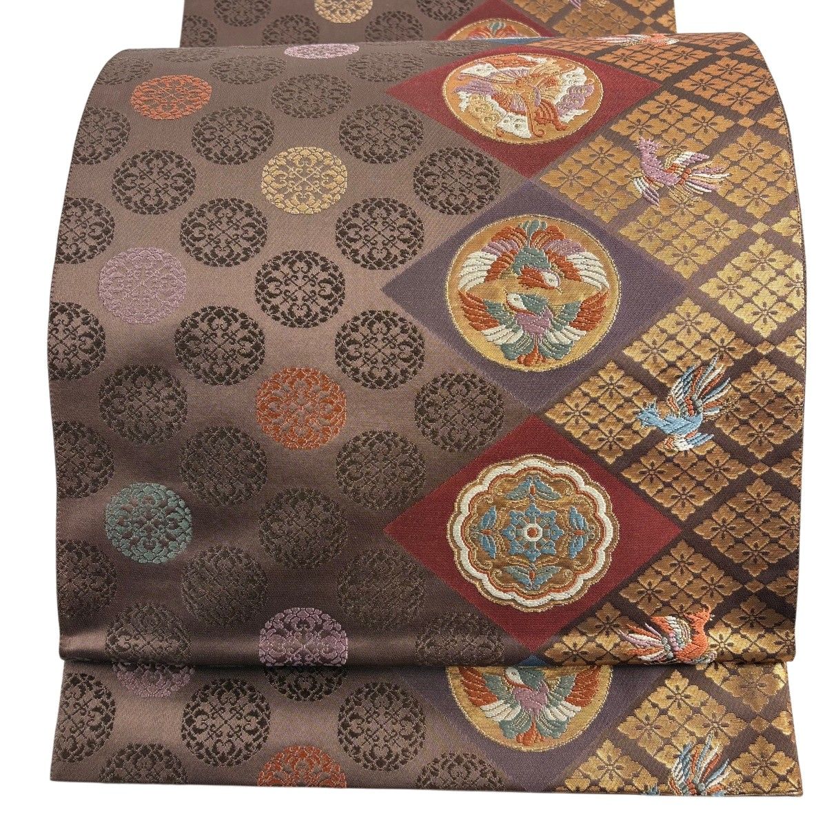 【美品】 袋帯 秀品 蝶 花鳥 金糸 箔 茶色 お太鼓柄 正絹 【中古】