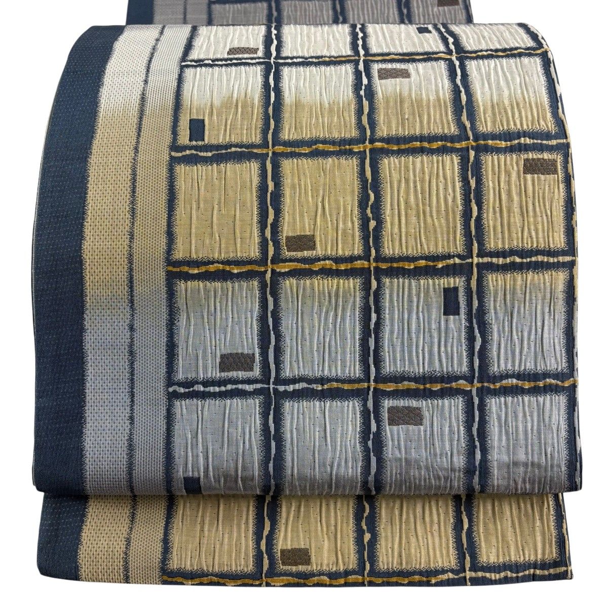【美品】 袋帯 秀品 縞 幾何学模様 青灰色 全通 正絹 【中古】