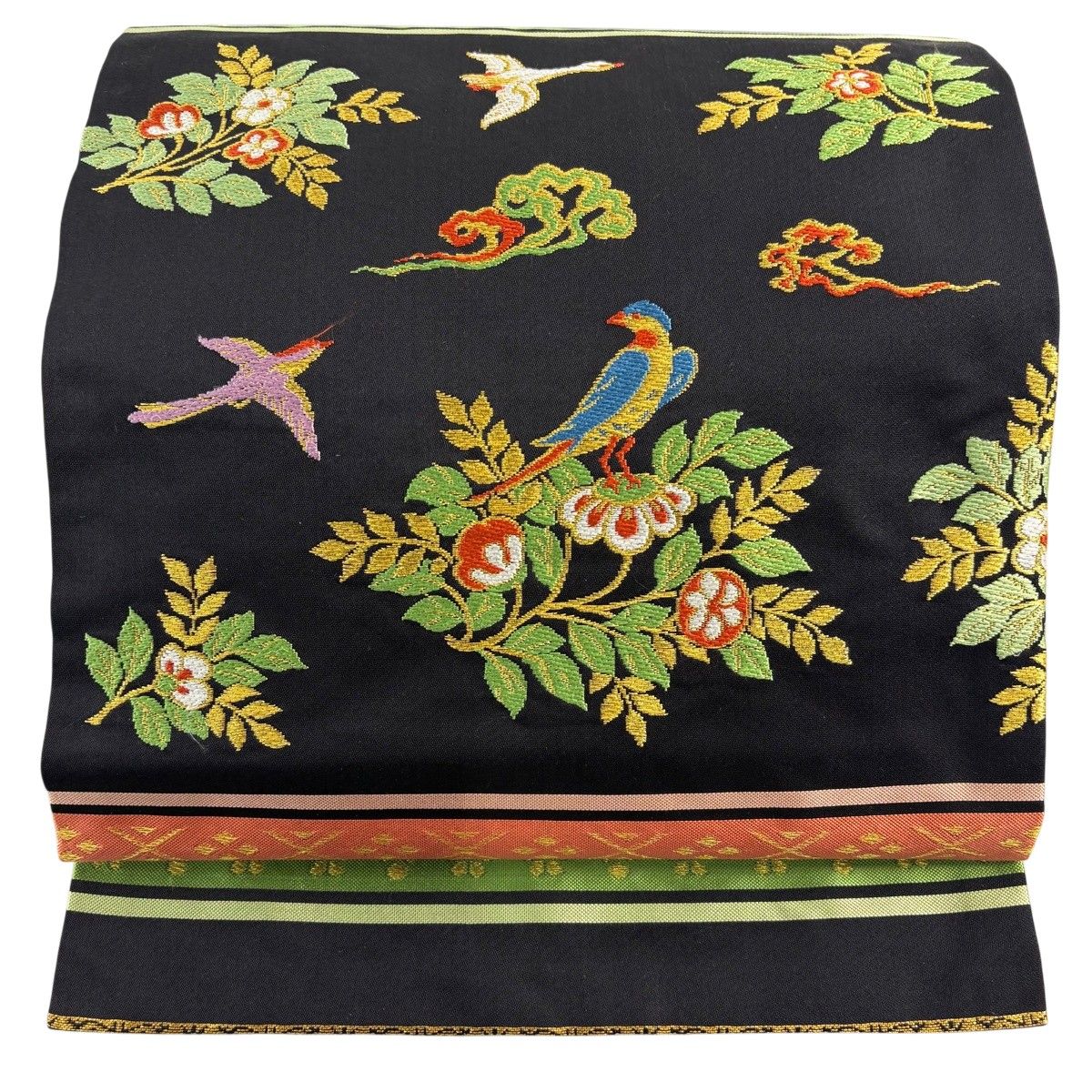 名古屋帯 秀品 関西仕立て 松葉仕立て 草花 鳥 金糸 唐織 黒 正絹 【中古】