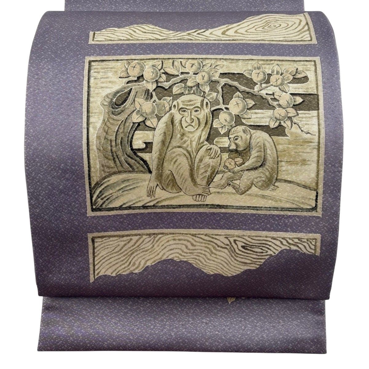 【美品】 袋帯 秀品 落款 猿 ヱ霞 箔 紫 お太鼓柄 正絹 【中古】