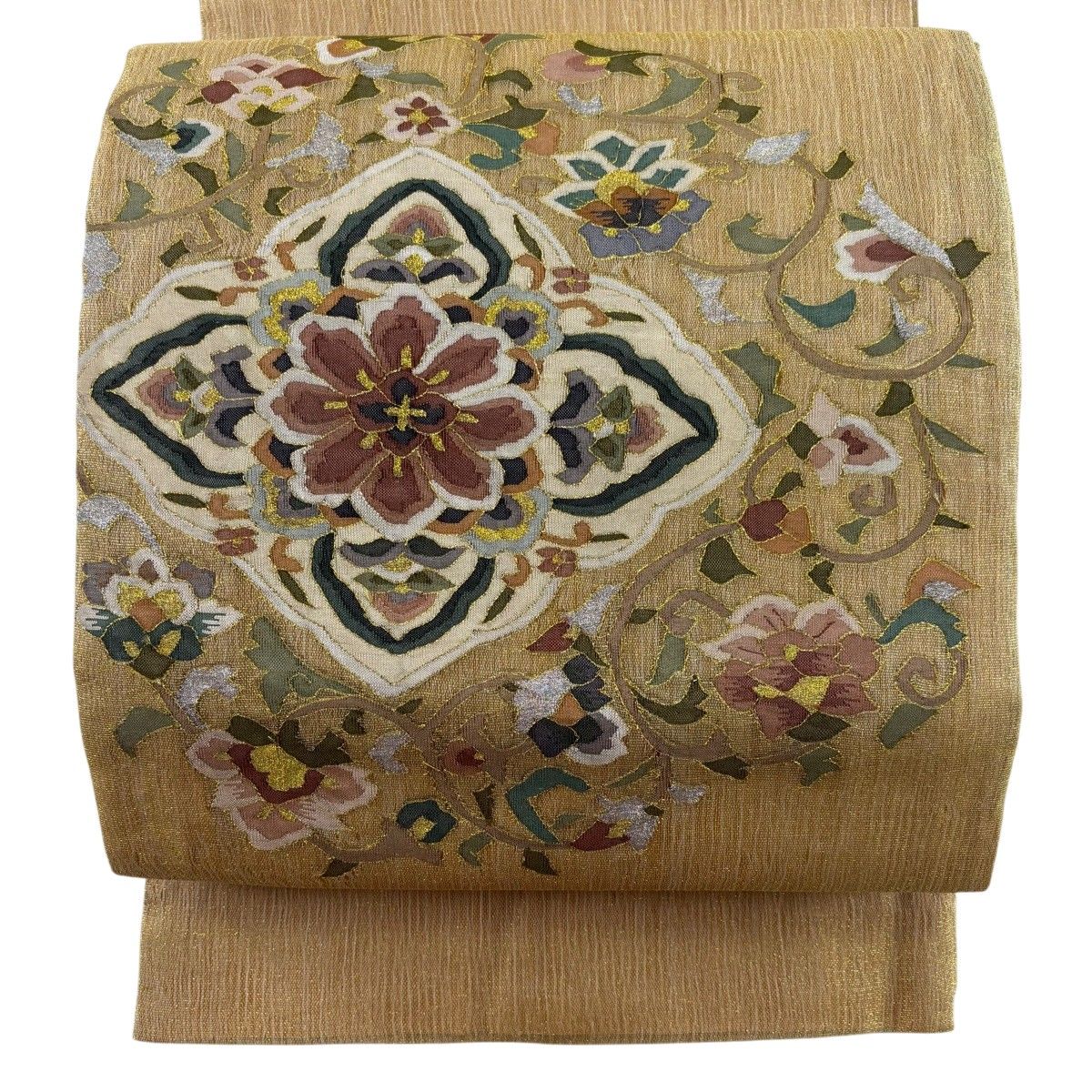 袋帯 秀品 夏帯 華文 草花 金糸 黄土色 お太鼓柄 正絹 【中古】