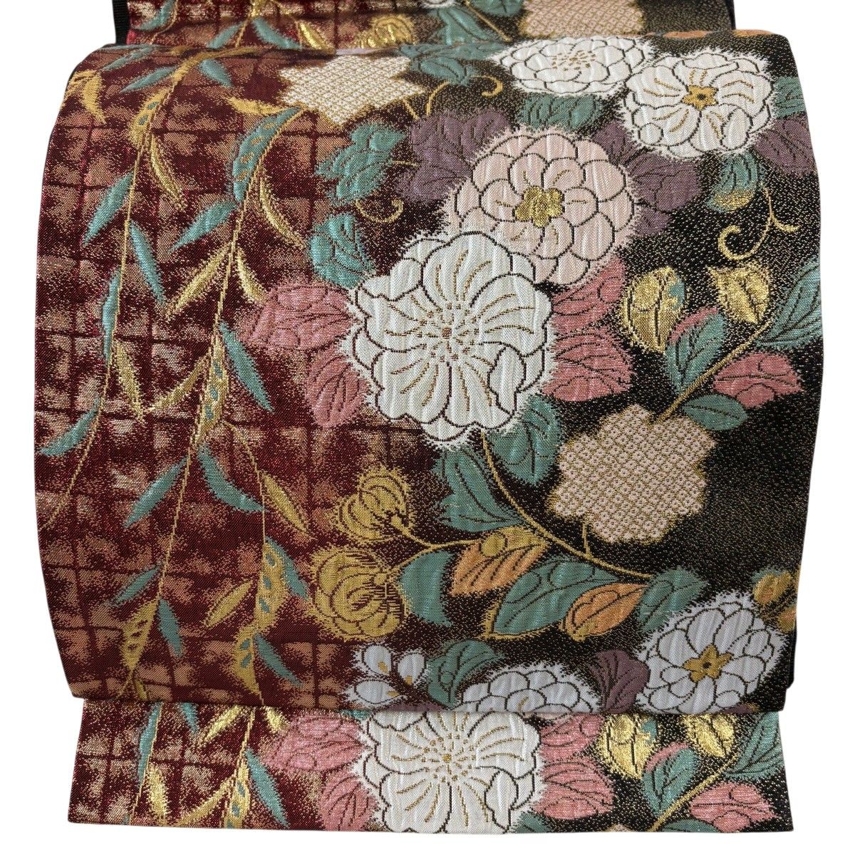 【美品】 袋帯 秀品 花唐草 金糸 箔 赤茶 六通 正絹 【中古】