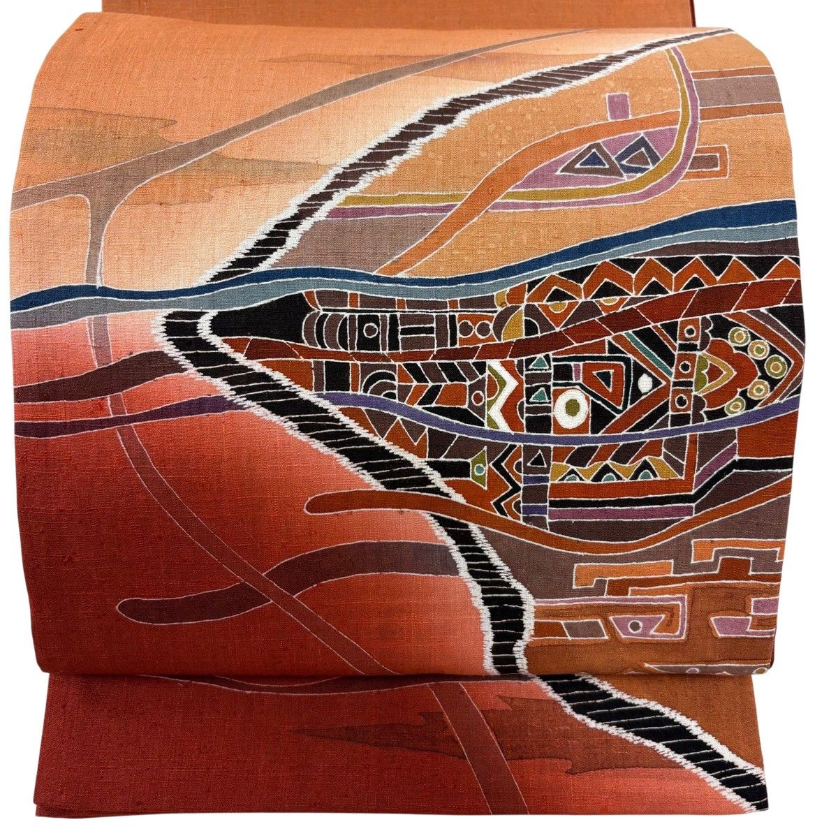 【美品】 袋帯 秀品 紬地 幾何学 ぼかし 朱色 お太鼓柄 正絹 【中古】
