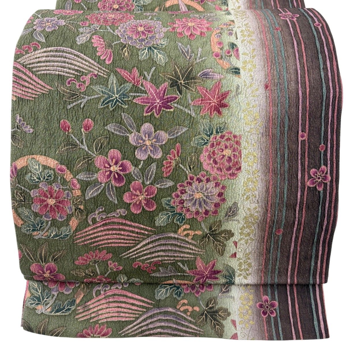 【美品】 袋帯 秀品 草花 波 金彩 茶緑色 全通 正絹 【中古】