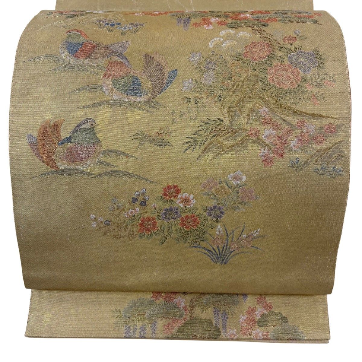 【美品】 袋帯 秀品 山荘鴛鴦絵文 松 金糸 箔 金色 お太鼓柄 正絹 【中古】