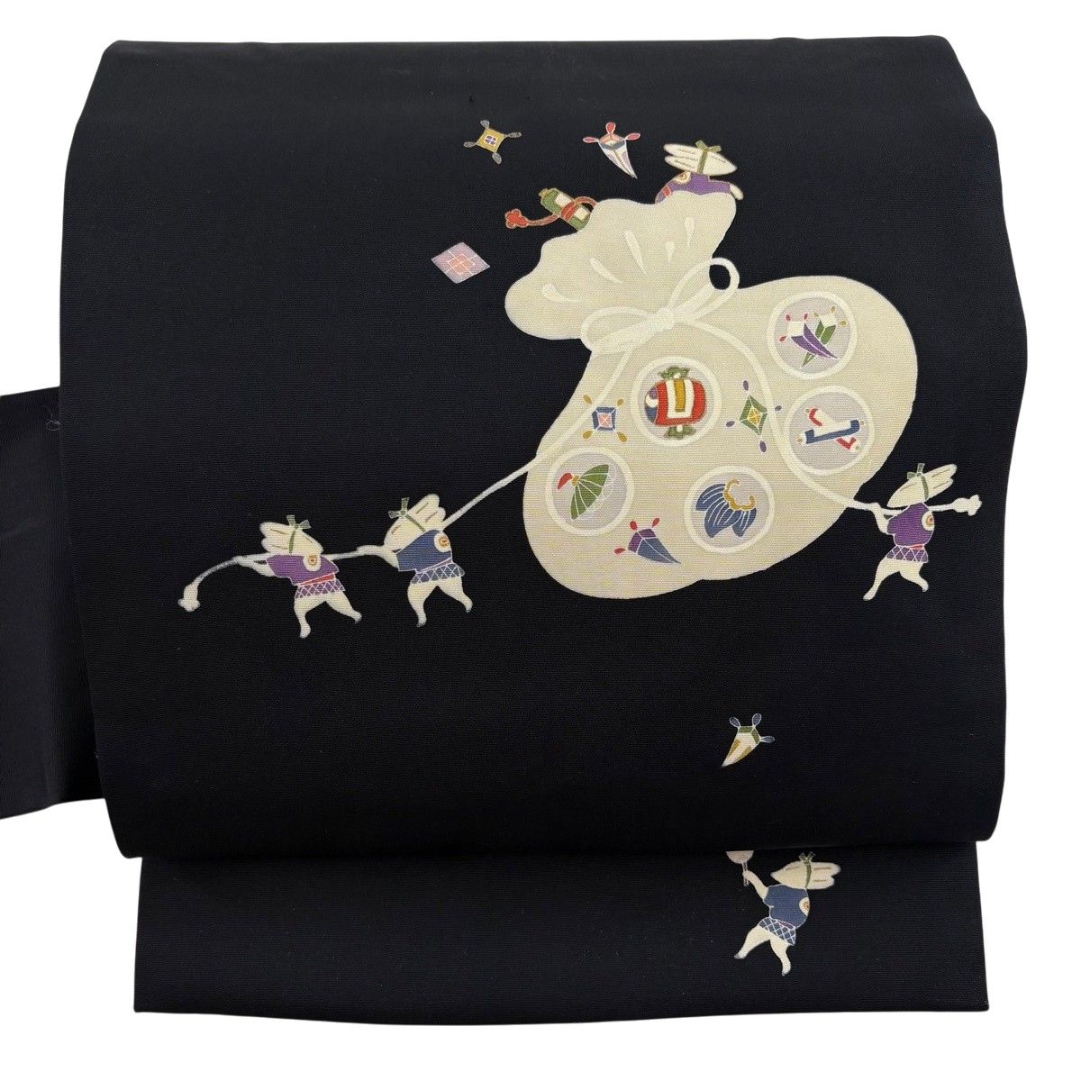 名古屋帯 秀品 宝尽くし うさぎ 黒 正絹 【中古】