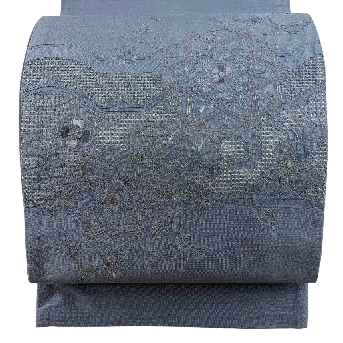 袋帯 秀品 華文 花唐草 蘇州刺繍 青灰色 お太鼓柄 正絹 【中古】