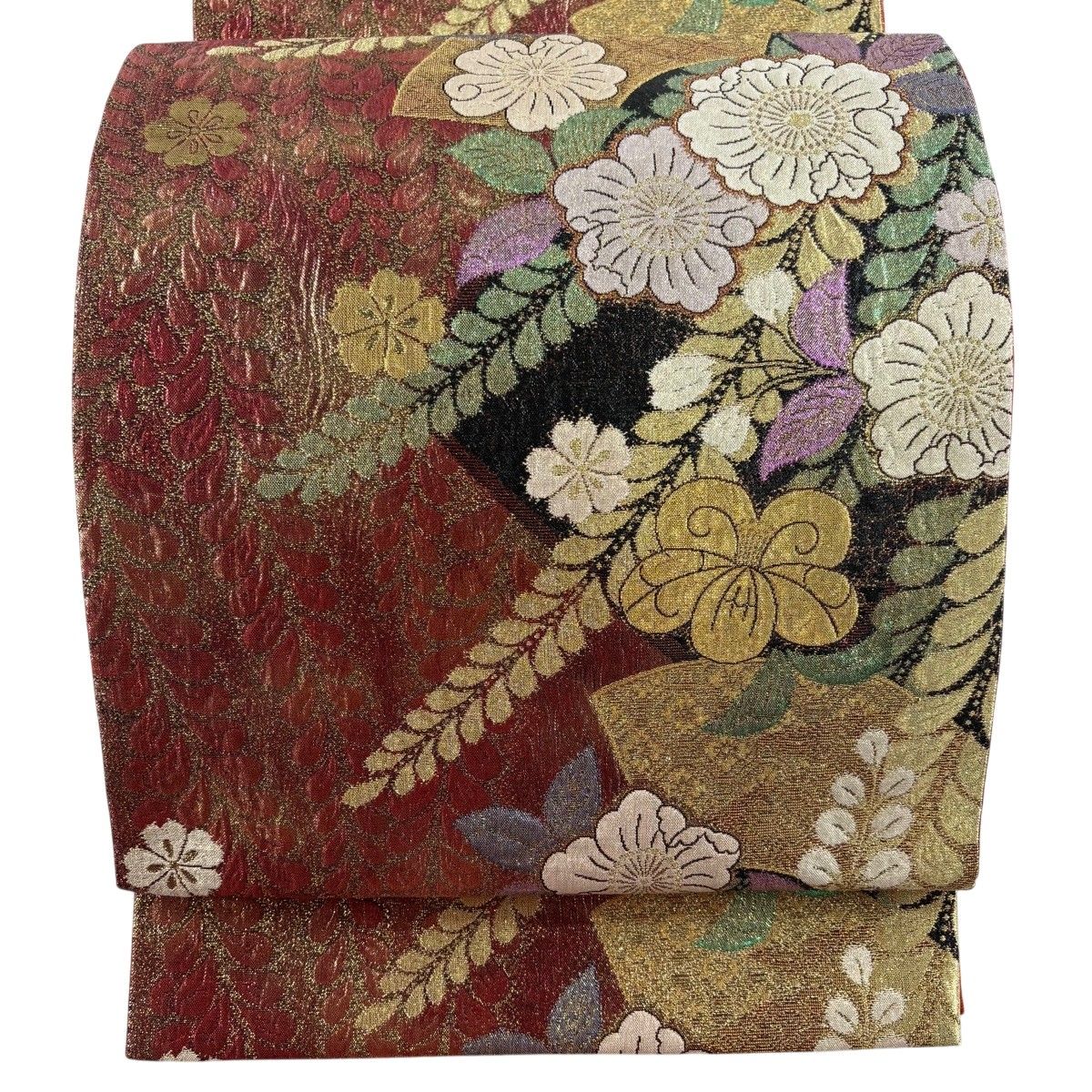【美品】 袋帯 秀品 辻が花柄 扇面 箔 金糸 茜色 六通 正絹 【中古】