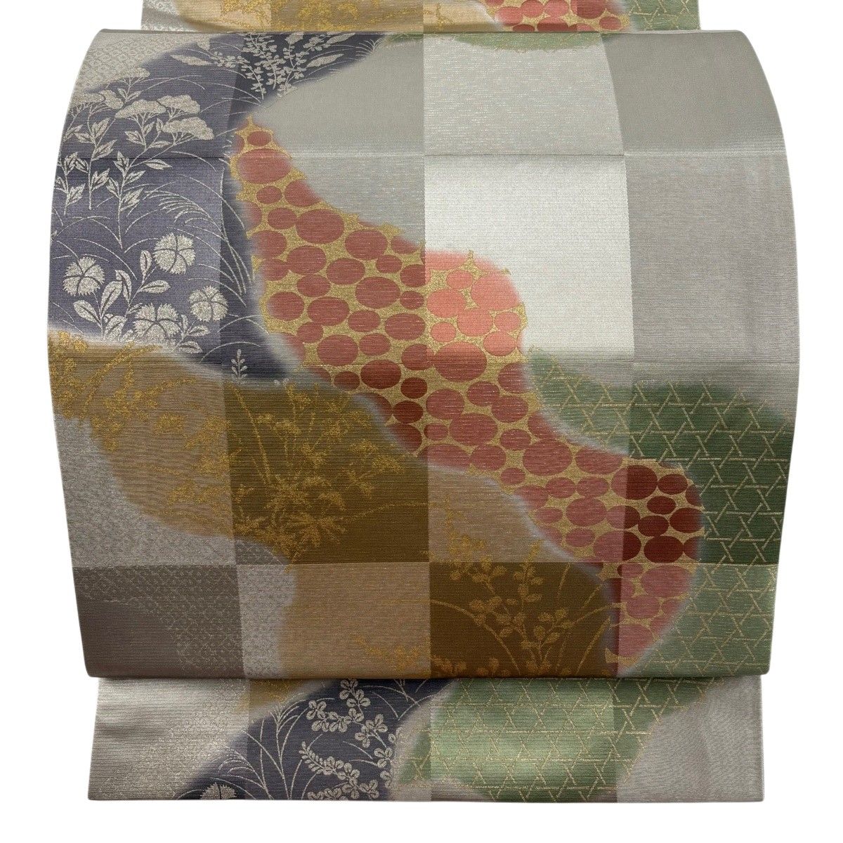 【美品】 袋帯 秀品 秋草 籠目 金銀彩 銀通し 灰茶 六通 正絹 【中古】