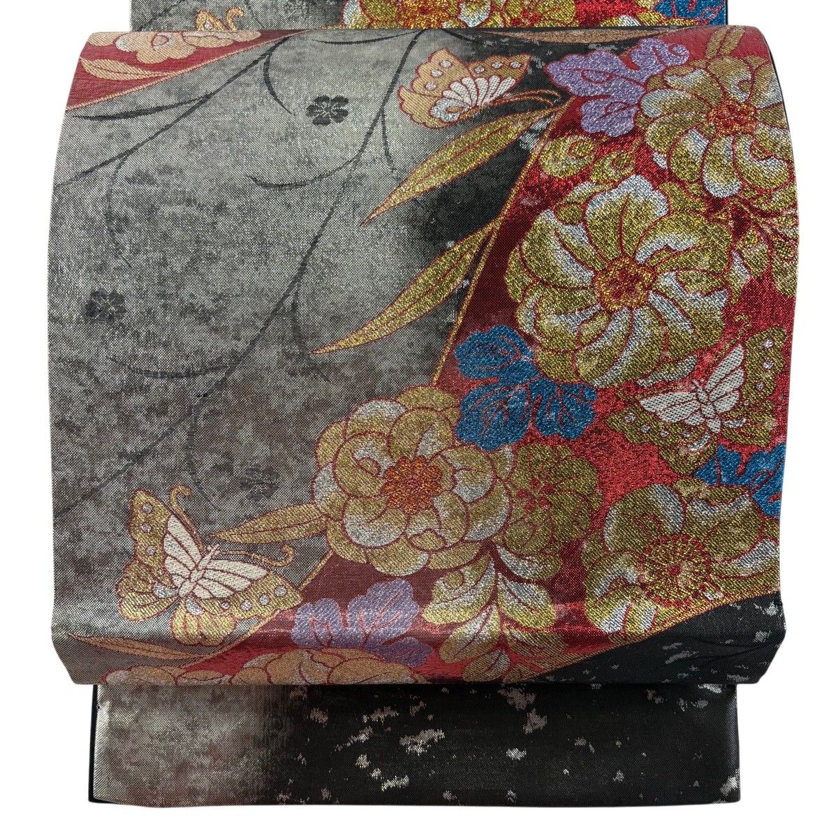 【美品】 袋帯 秀品 蝶 草花 箔 墨色 六通 正絹 【中古】