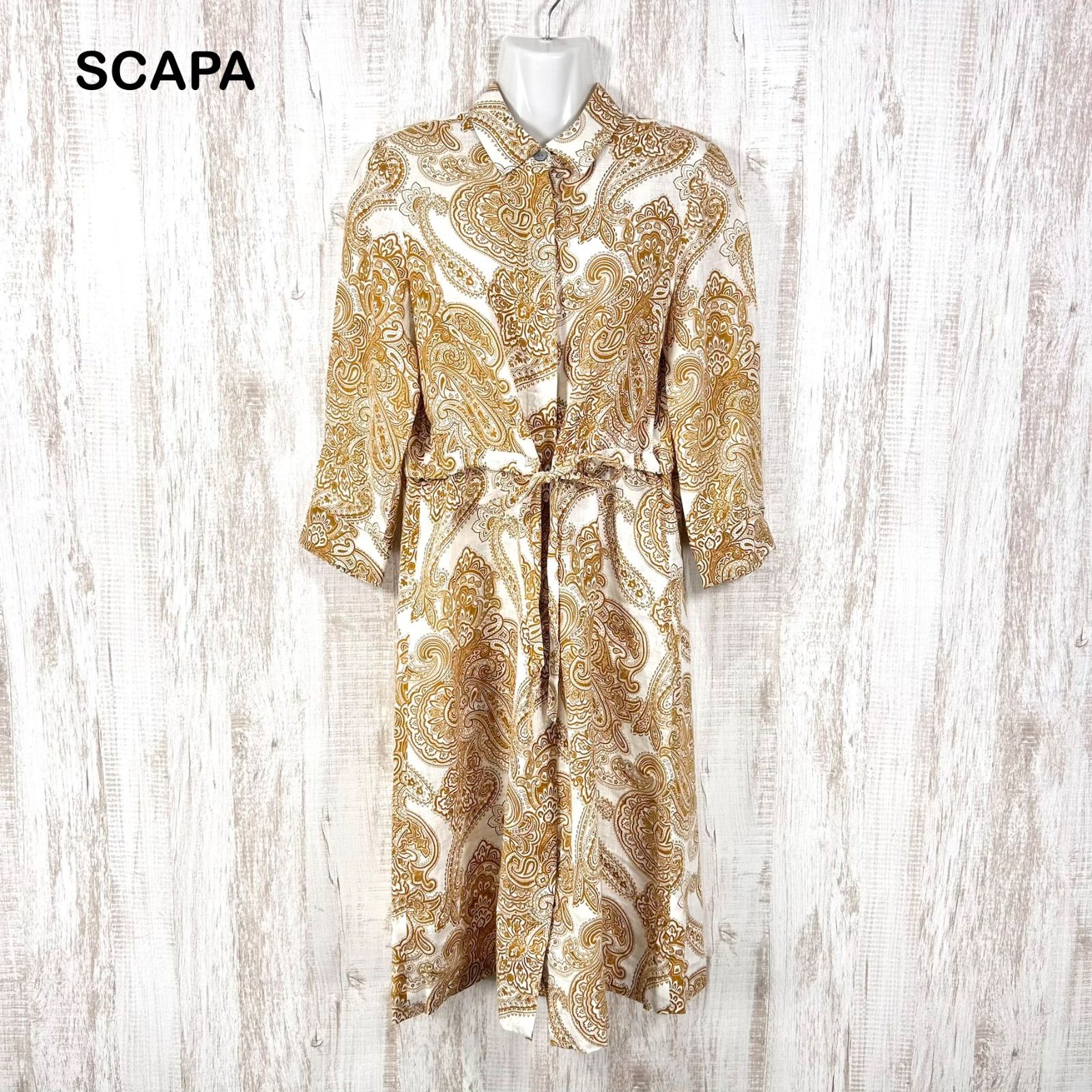 美品 SCAPA スキャパ ペイズリー 総柄 リネン シャツ ロングワンピース