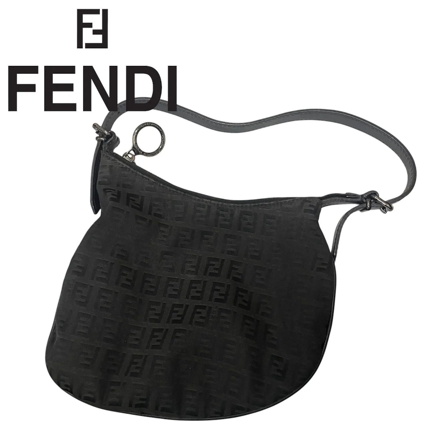 FENDI フェンディ ヴィンテージ ズッキーノ柄 キャンバス オイスターショルダーバッグ レザー ミニ ワンショルダーバッグ ハンドバッグ ブラック 黒
